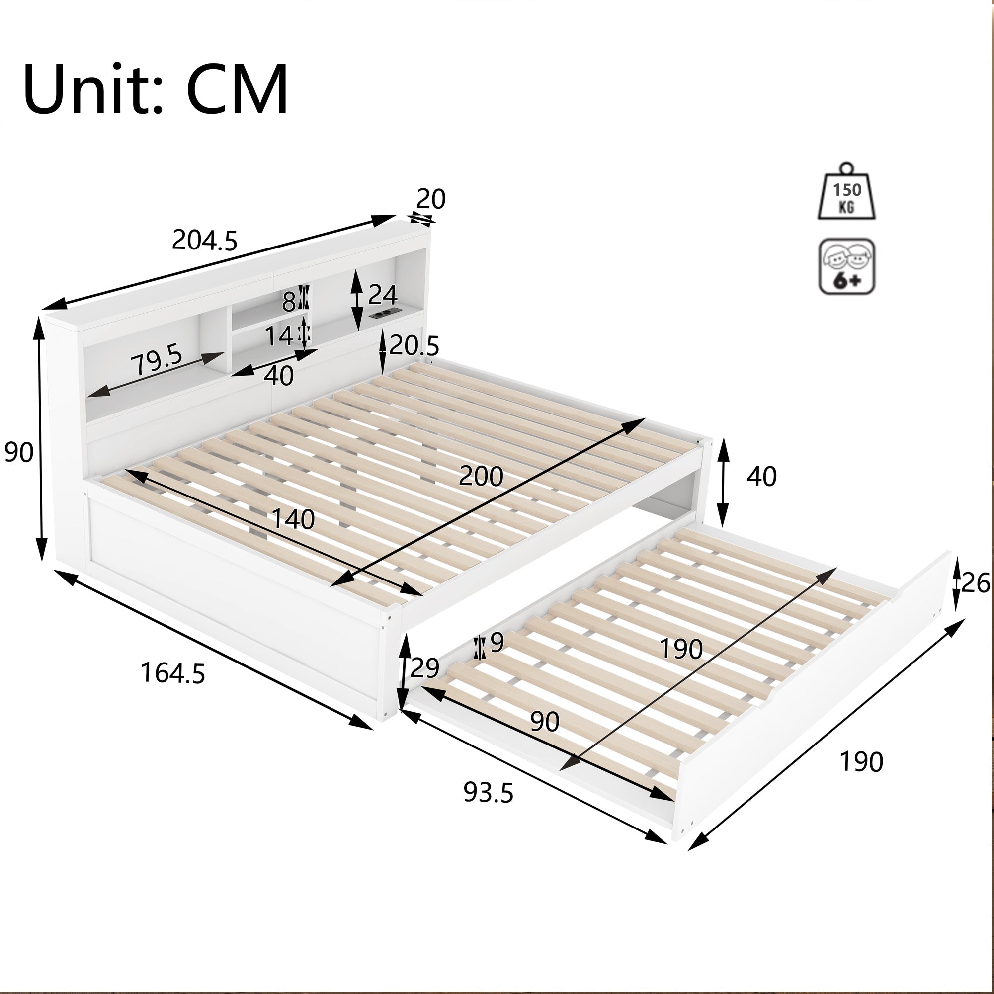 Daybed Sofa Bed 140x200cm Pull-out Bed LED Storage USB/Power Outlet - White