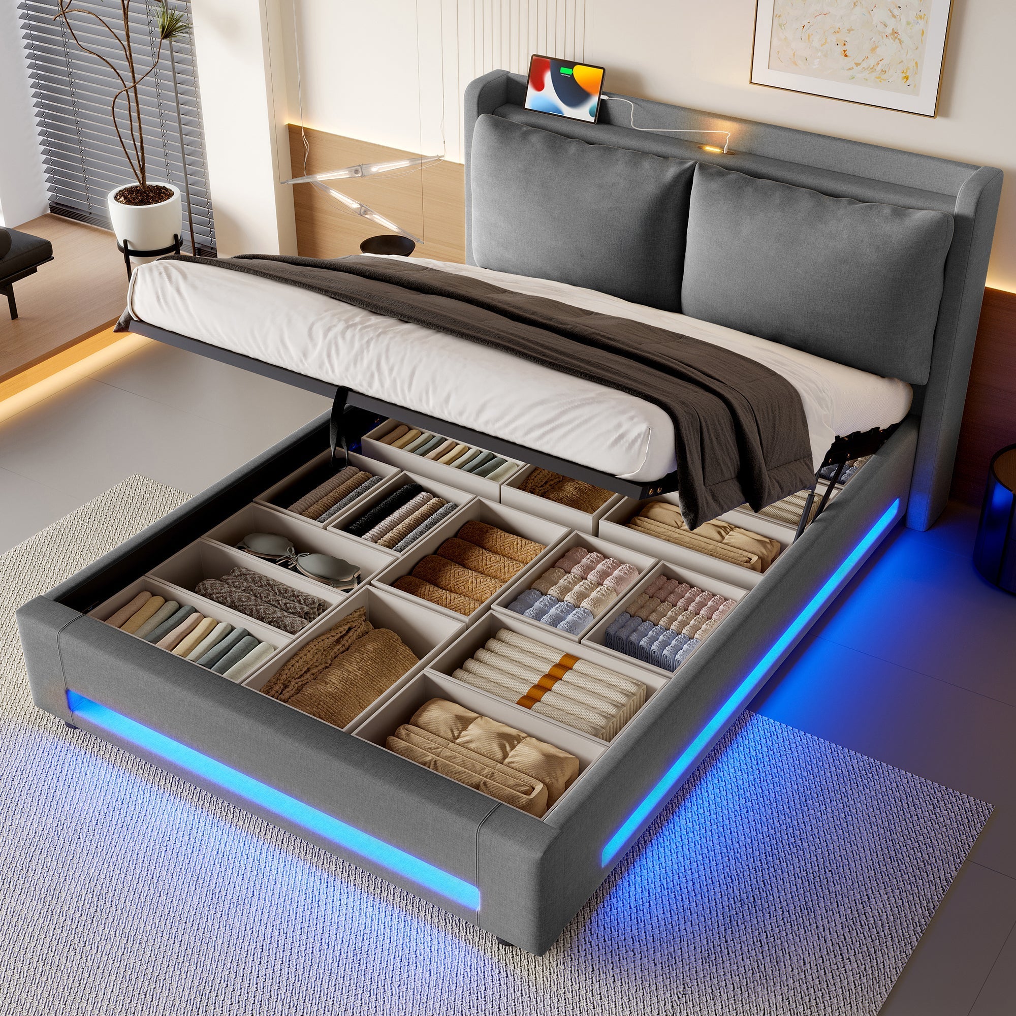 Modern Upholstered Bed with Storage, USB-C, LED Lights, Hydraulic Lift, Velvet