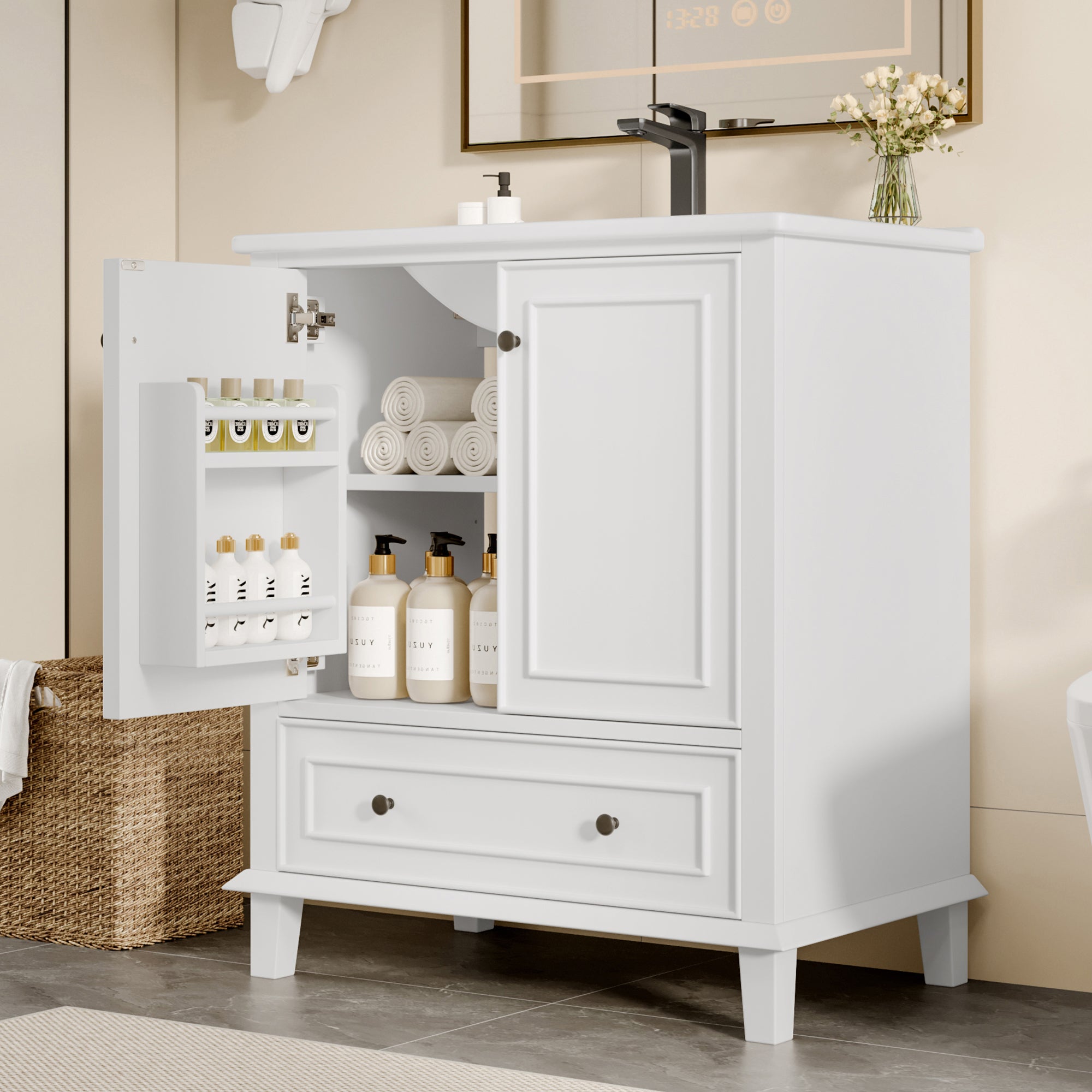 Bathroom Vanity Unit with Ceramic Sink and Solid Wood Legs, White