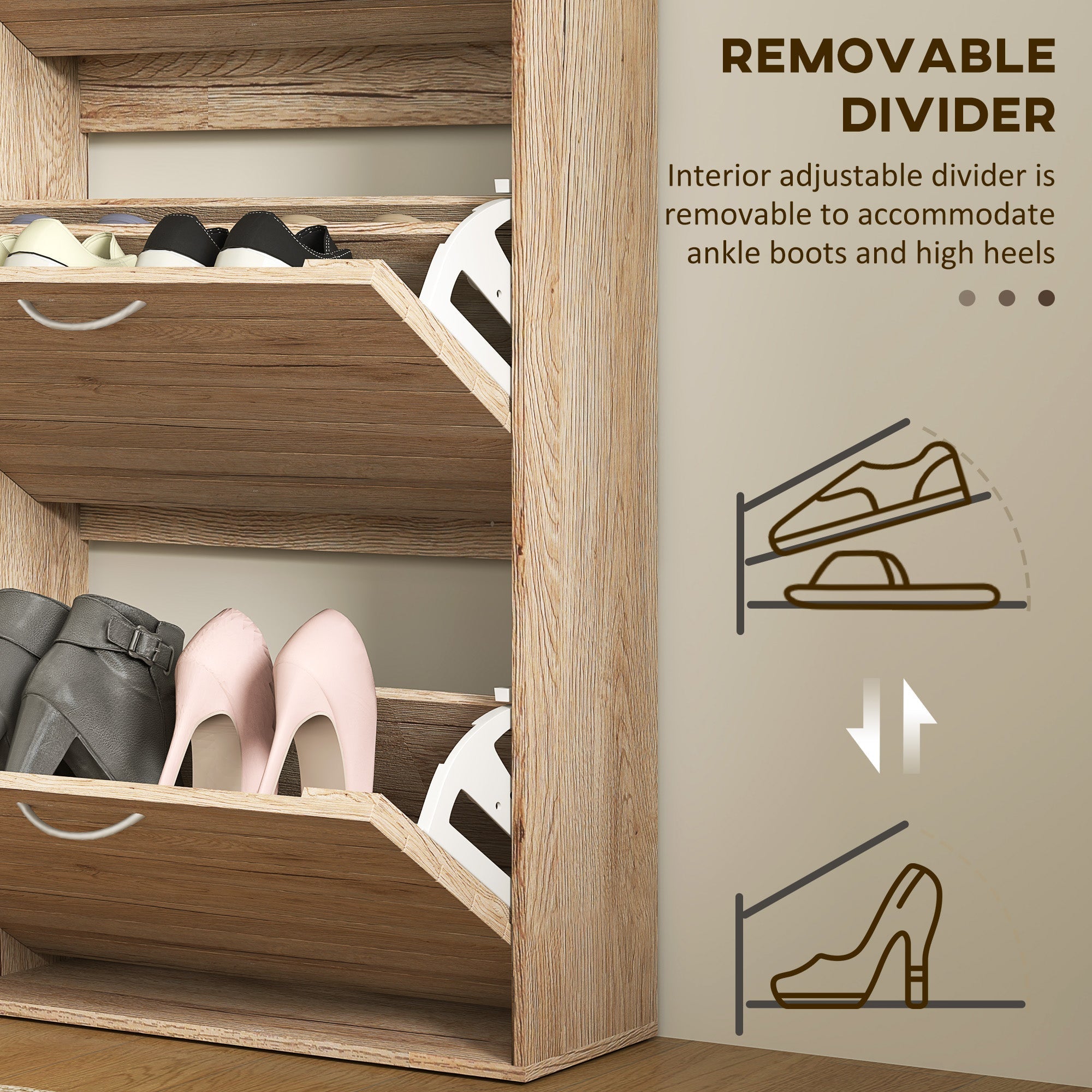 Shoe Storage Cabinet, 12-Pair Flip Drawer, Brown Wood-Effect