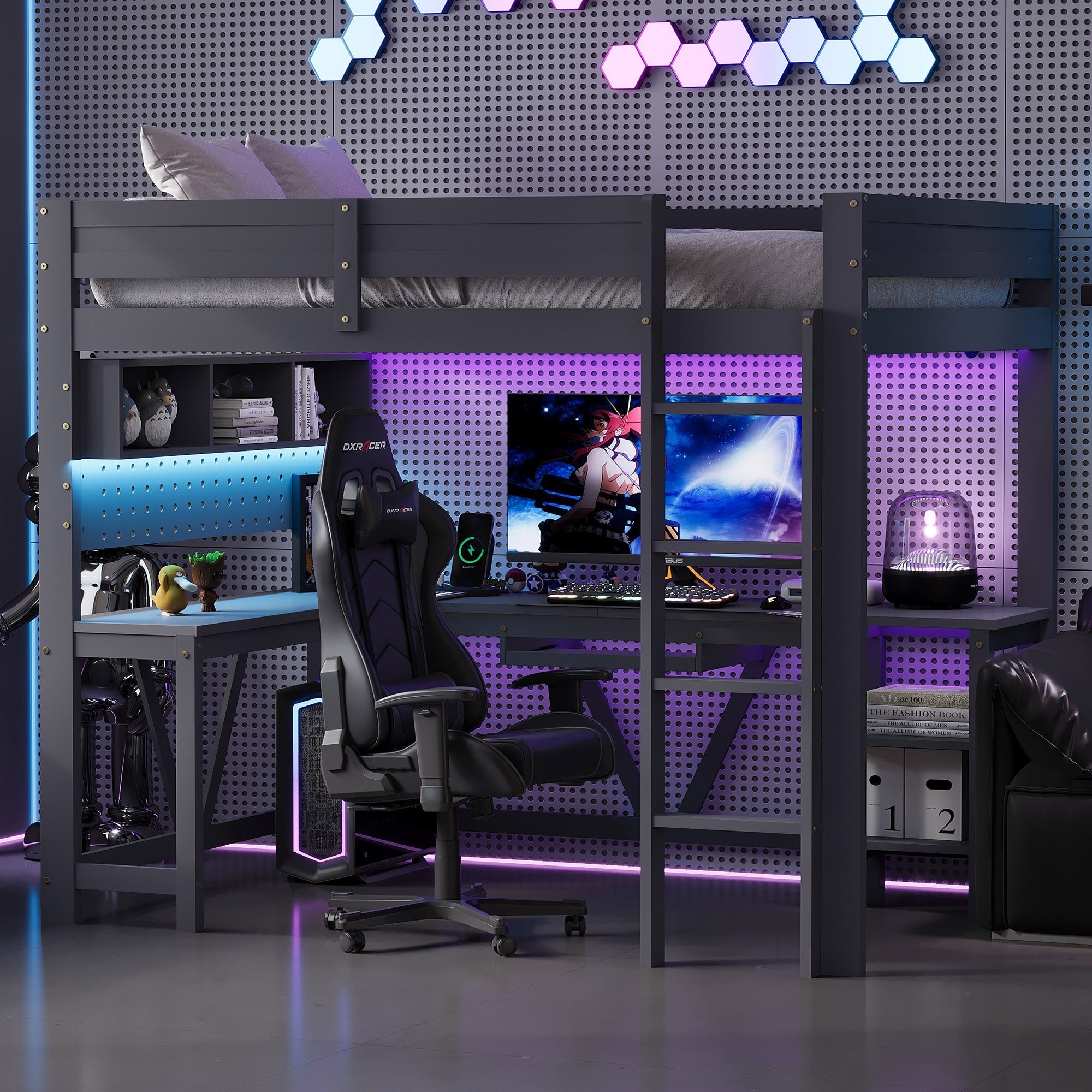 Gaming Loft Bed with Desk, LED Lighting and Charging Station, 90 x 200 cm, Grey Wood