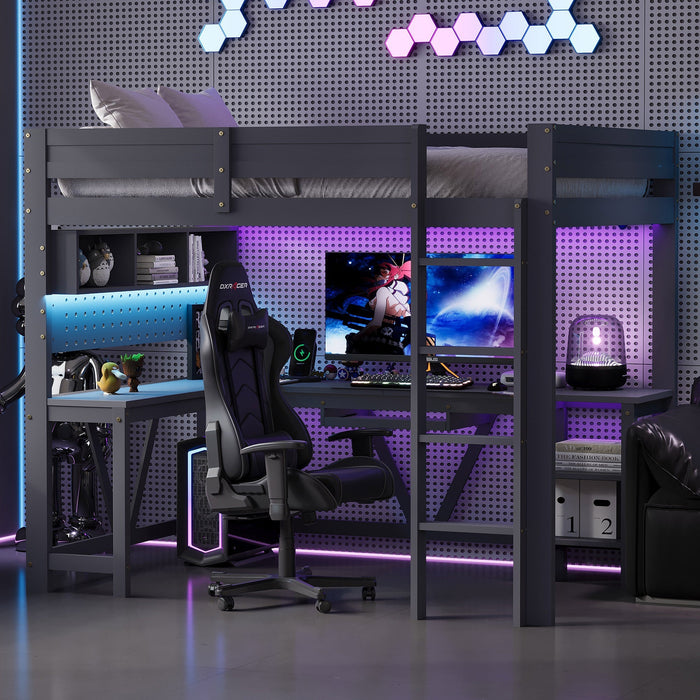 Gaming Loft Bed with Desk, LED Lighting and Charging Station, 90 x 200 cm, Grey Wood