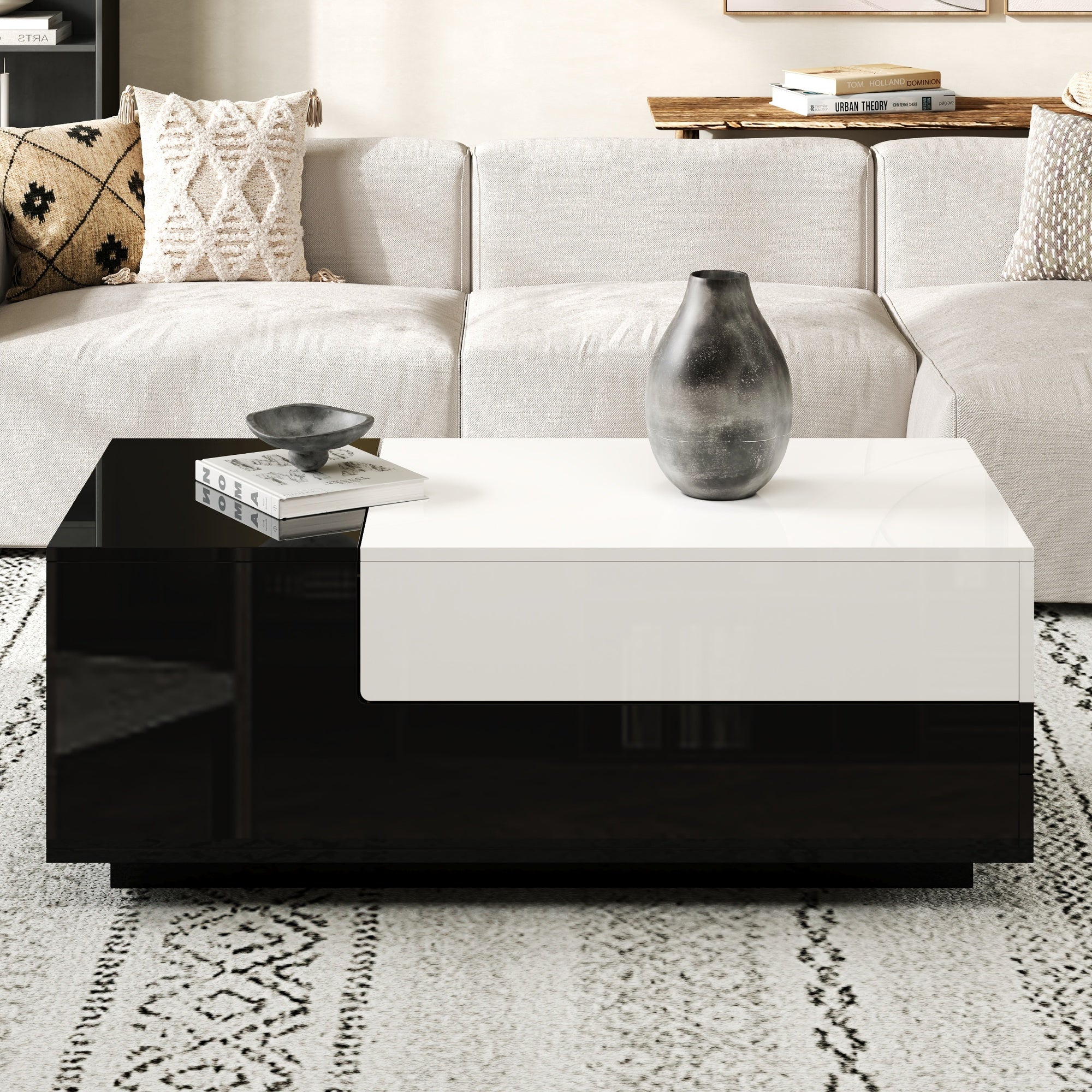 Coffee Table 100x50x38cm, High-Gloss with 1 Drawer & Sliding Top, Black and White Stitching