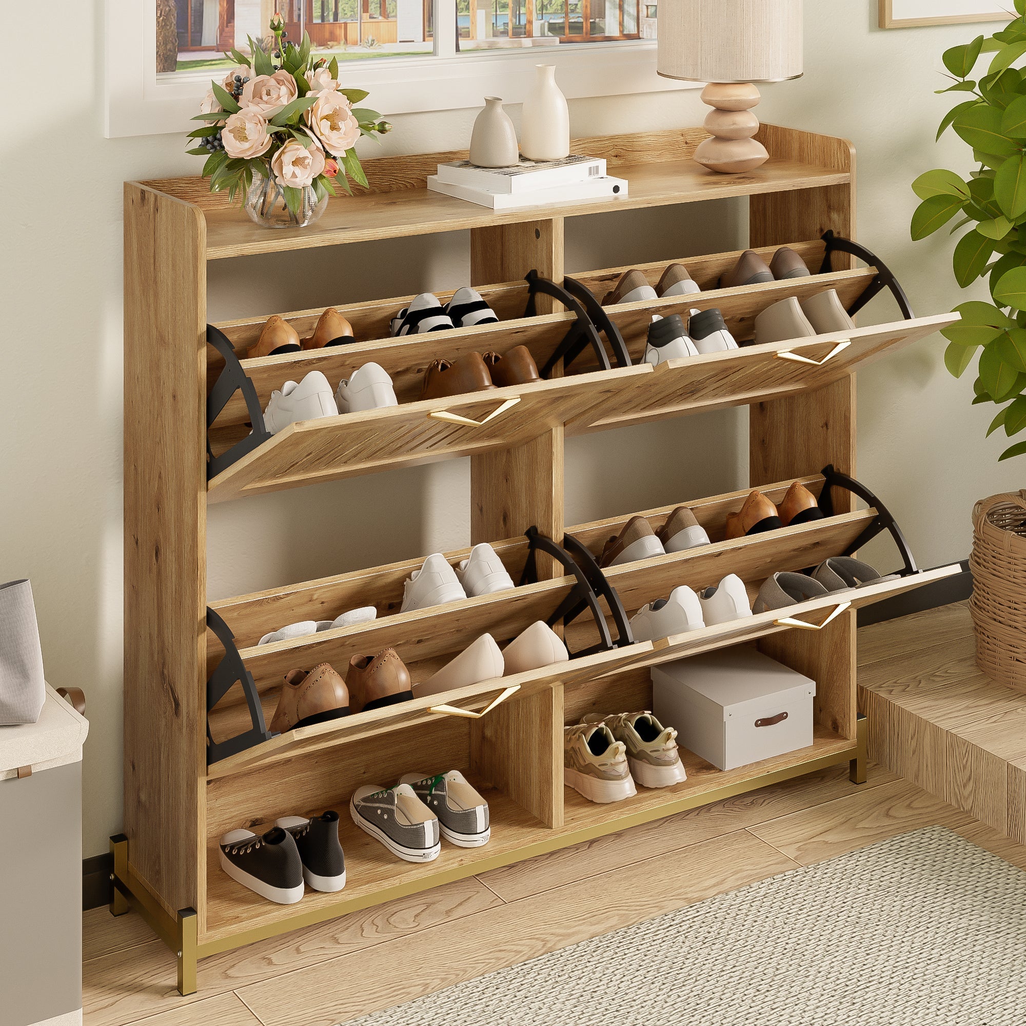 Shoe Cabinet 4 Doors, Vertical Slatted, Space-Saving with Shelf, Wood/Metal