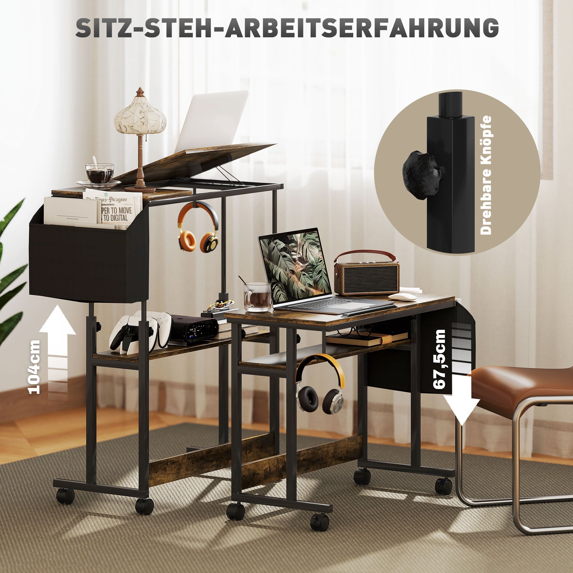 Height-Adjustable Desk, 92 x 40 cm, Tilting, Storage, Rustic Brown Steel
