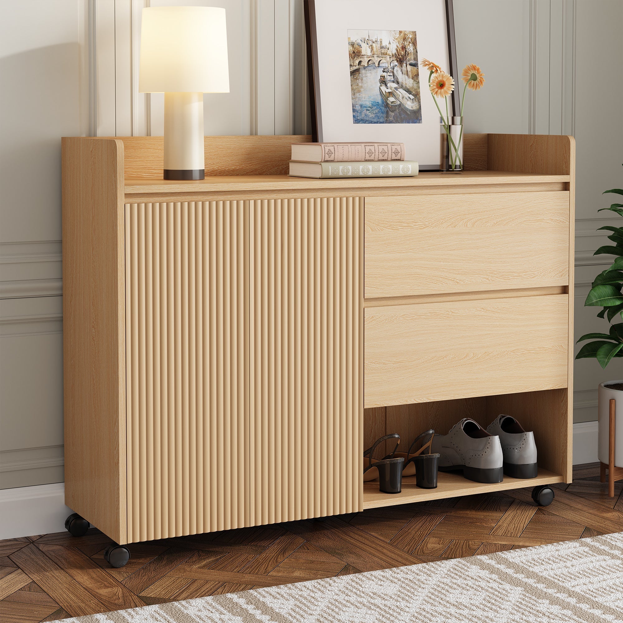 Shoe Cabinet, Movable with Adjustable Shelves, Soft-Closing Hinge, Natural MDF