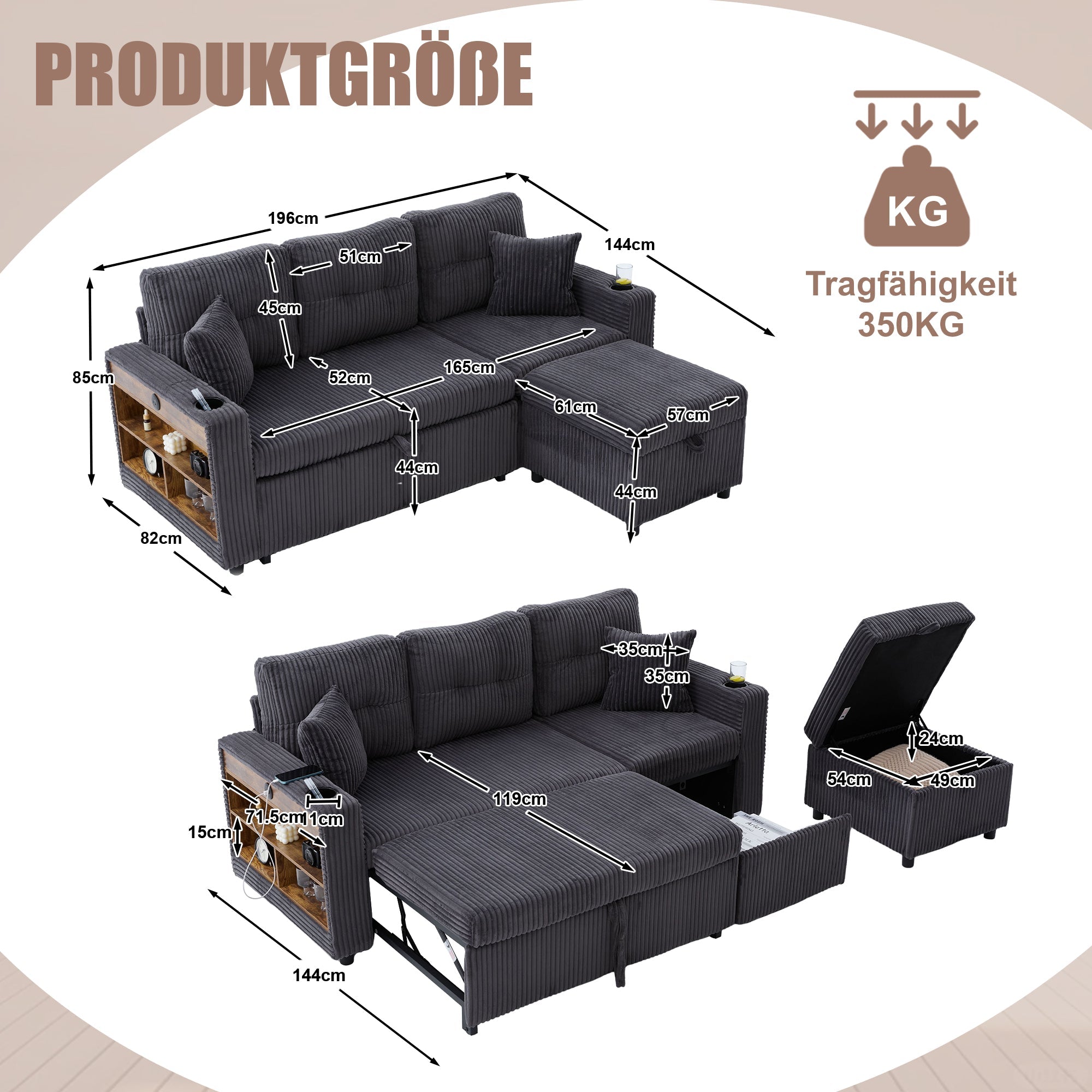 Multifunctional Sofa with Storage & Pull-Out Bed, USB-C, Ambient Light, Corduroy