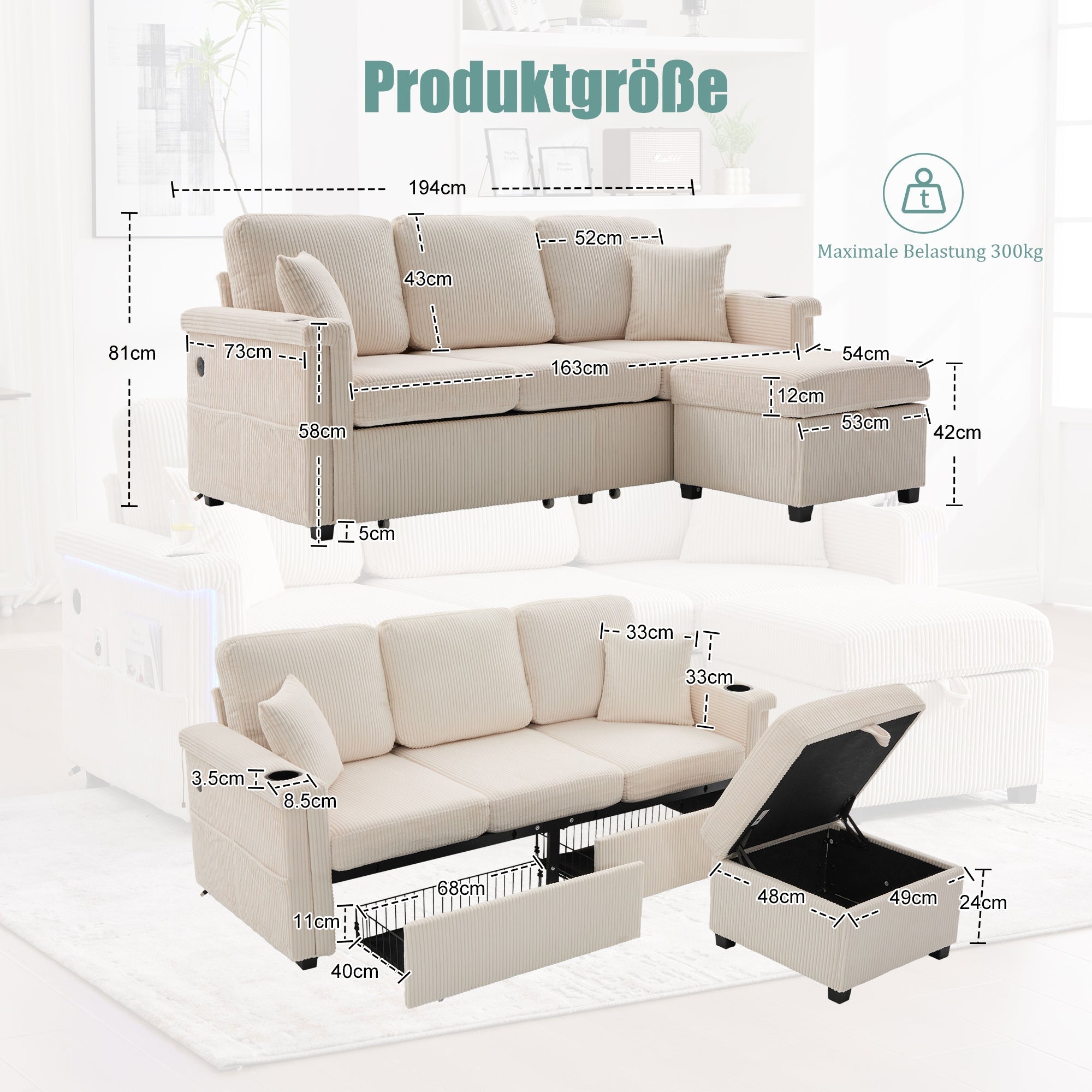 Velvet Sofa, LED USB-C Storage Footrest Cup Holders, Beige