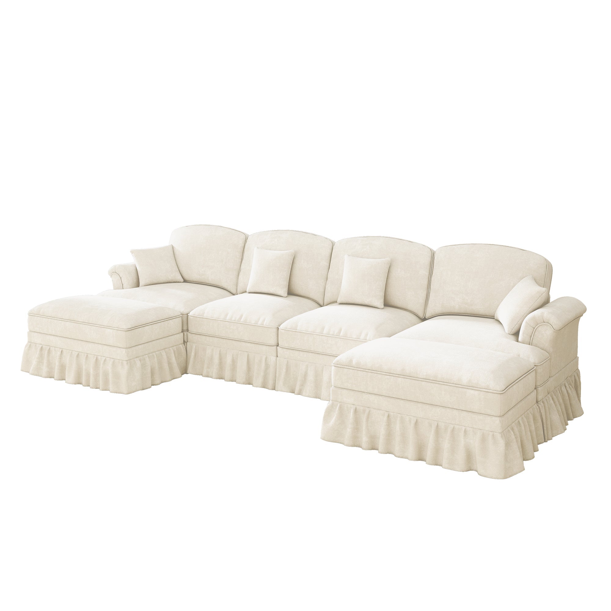 Modular U-Shaped Sofa 4-Seater Movable Ottoman Removable Apron - White Chenille