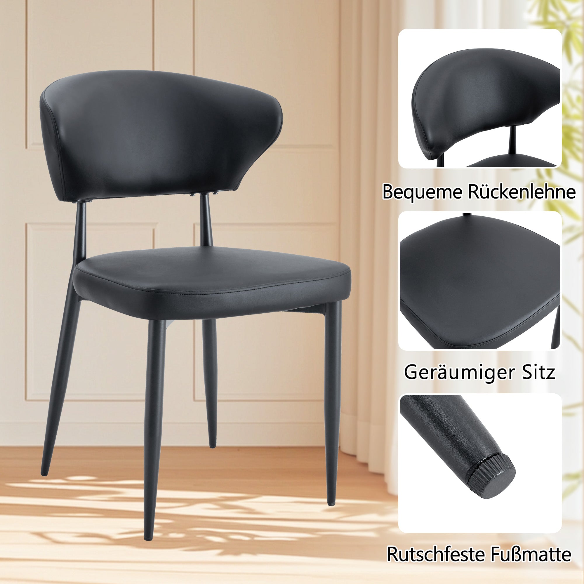 Minimalist Round Table Set 100cm Table 2 PU Armchairs Black Wood Look