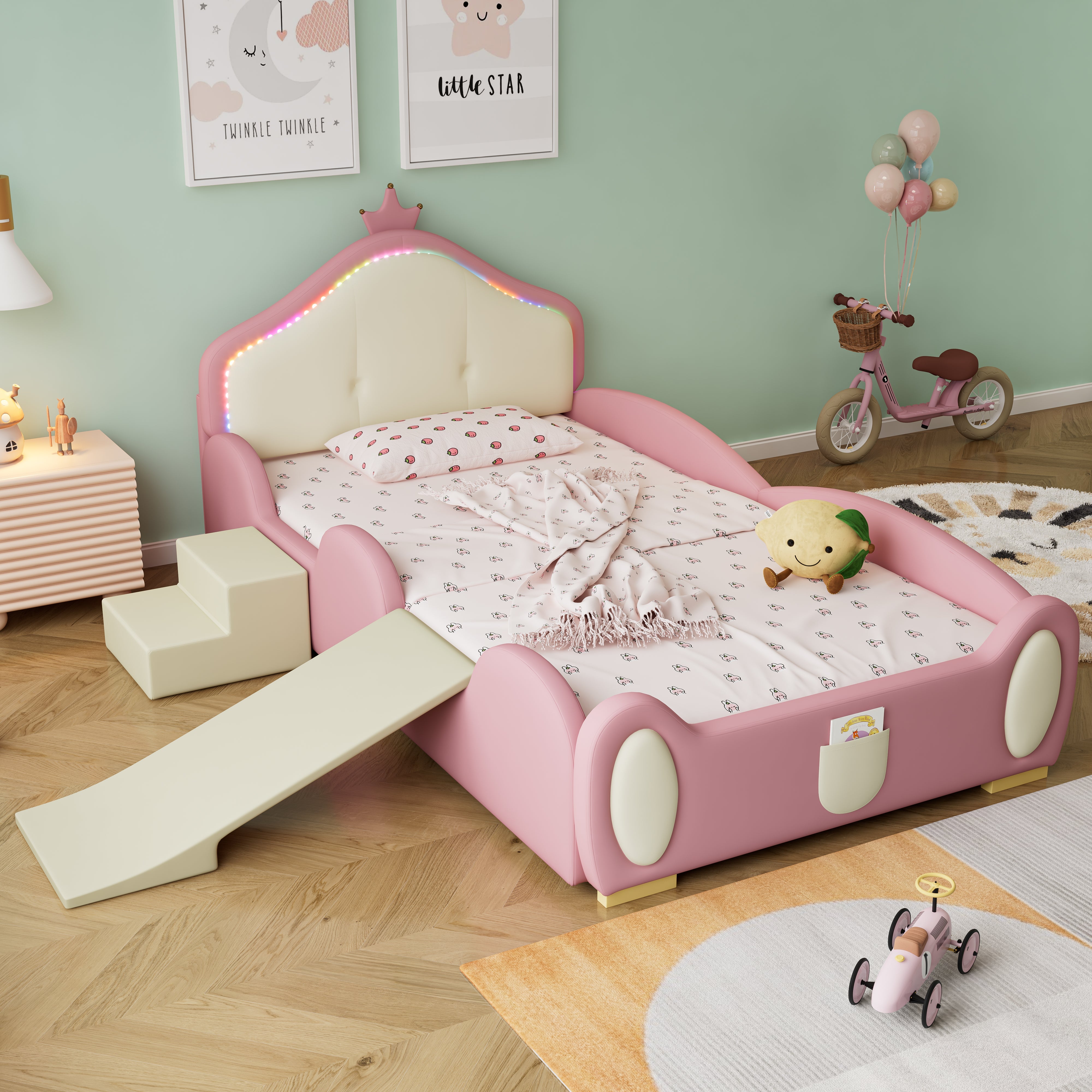 Crown Cartoon Bed Upholstered Children's Slide Stairs LED 90x200cm PU Pink + Beige
