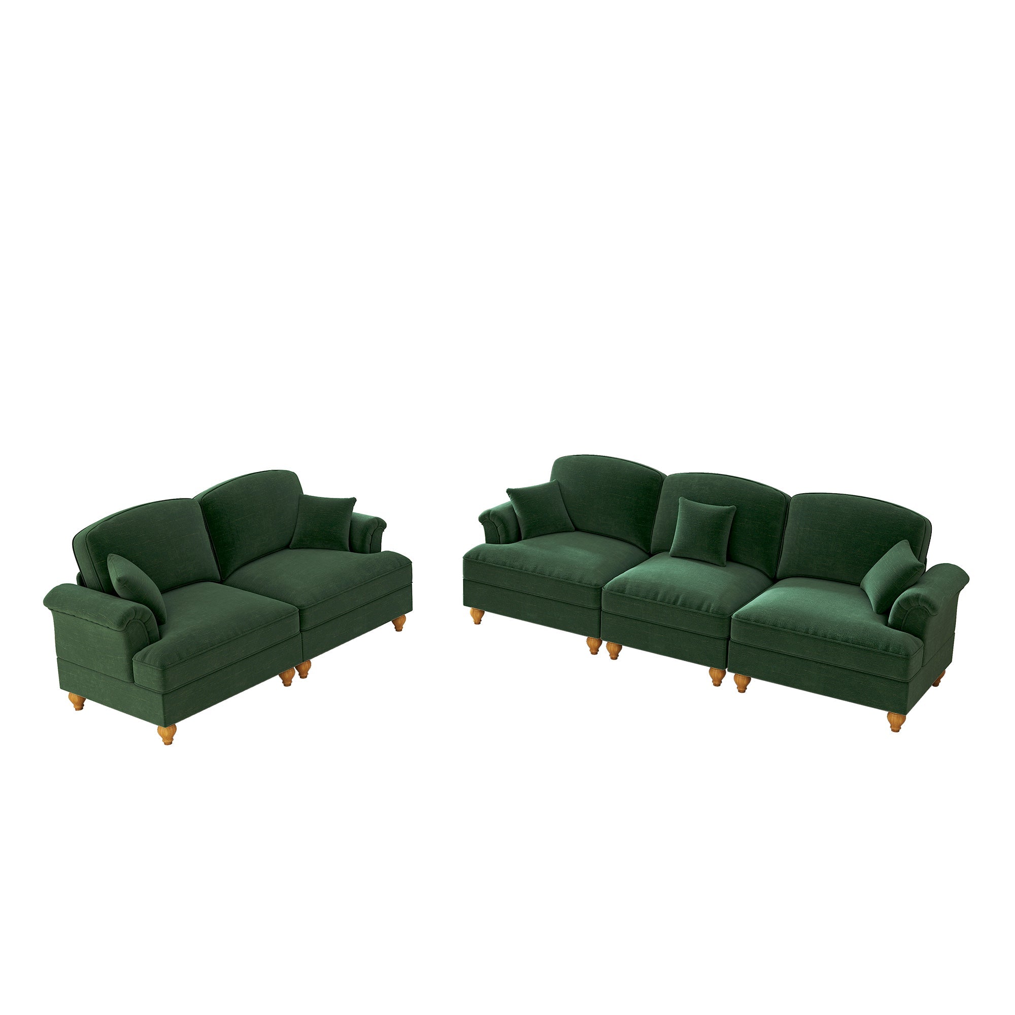 Classic 2-Piece Modular Sofa Set 3-Seater & 2-Seater Loveseat Ruffled Spindle Legs - Chenille Green