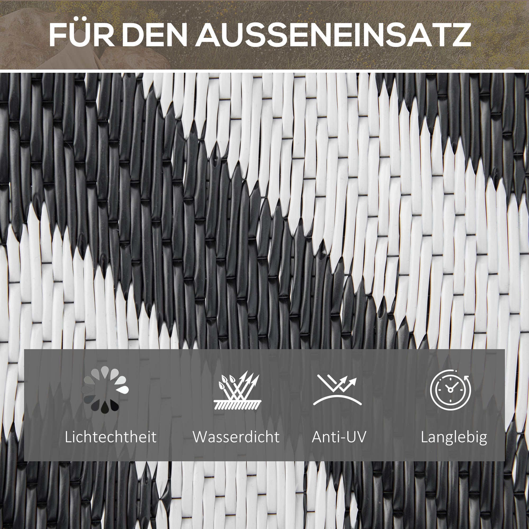 Outdoor Carpet, Double-Sided Water-Repellent, Plastic Black White