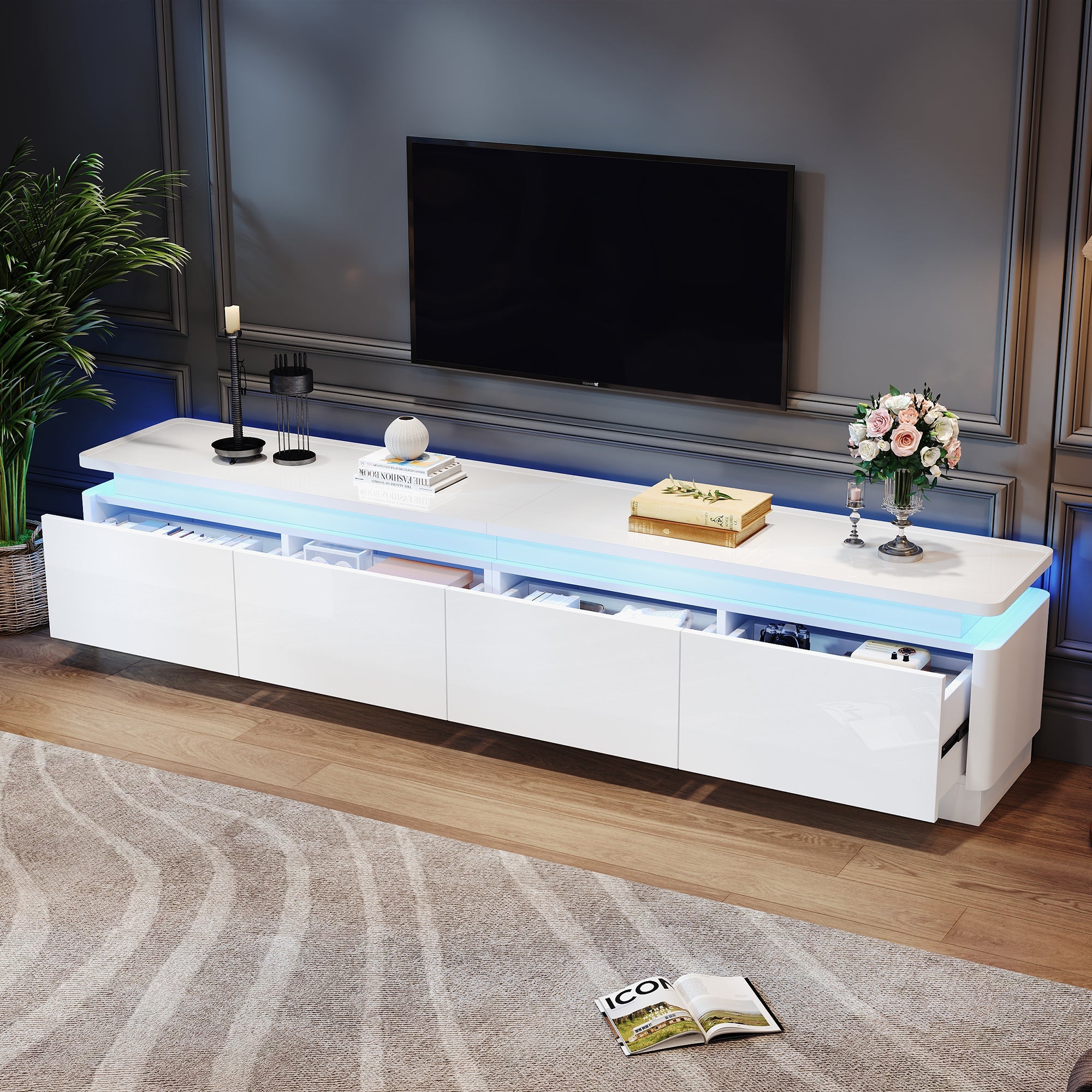 TV Cabinet, 180x34x40cm, 4 Drawers, LED, High-Gloss, for 80-inch TVs, White