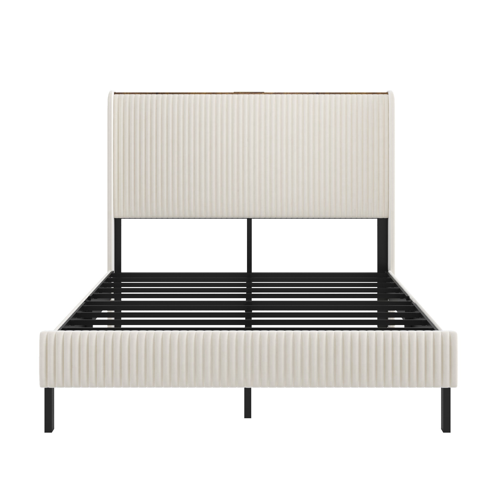 Bed Frame 160x200 Upholstered Platform Wing Edge Design Metal Slats Fabric