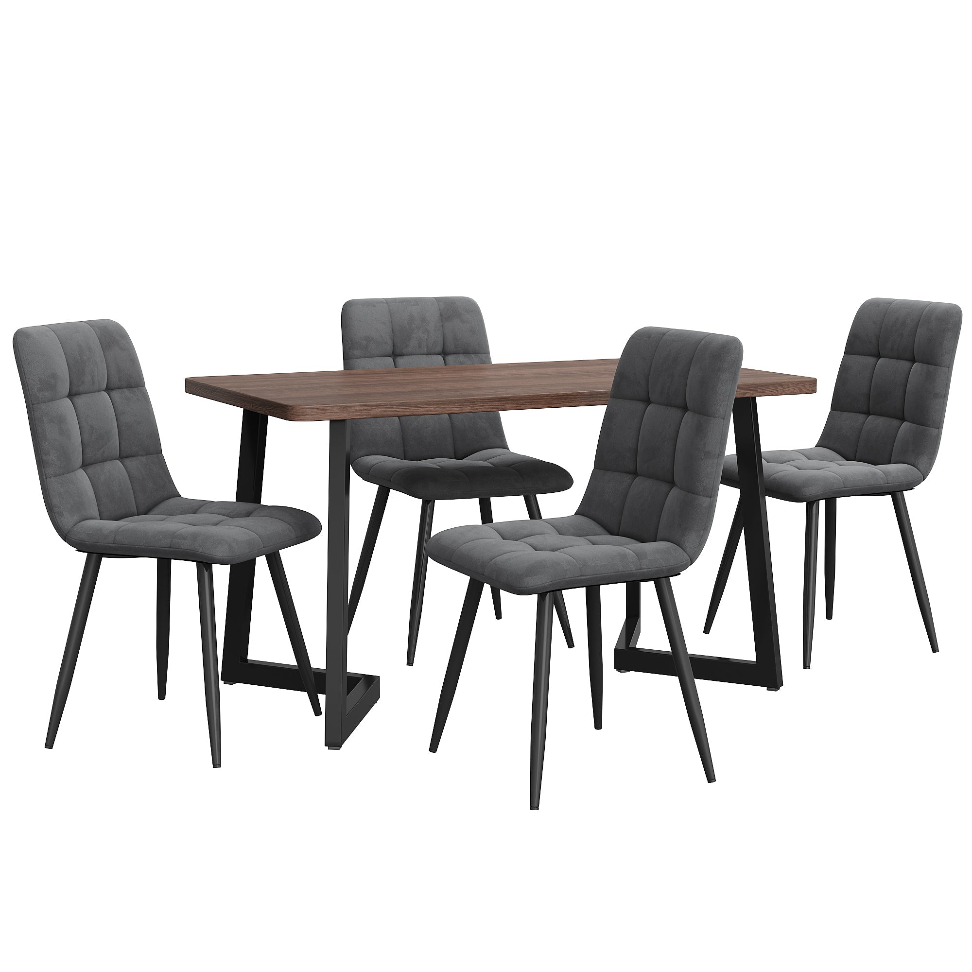 Dining Set 5-Piece Modern Kitchen Table 4 Chairs Black Metal Legs Walnut MDF Dark Grey Velvet