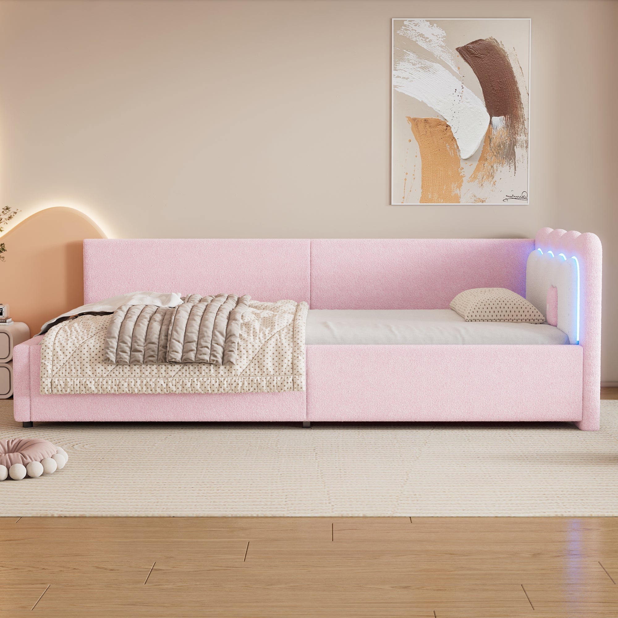 Daybed Sofa Bed with LED Ambient Light and Slatted Base, Pink Imitation Fleece