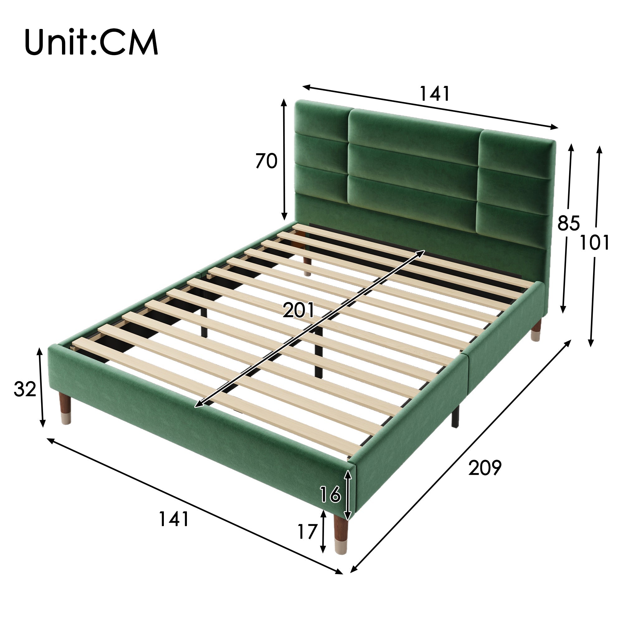 Upholstered Bed, 140x200cm Double with Slatted Frame & Headboard, Dark Green Velvet