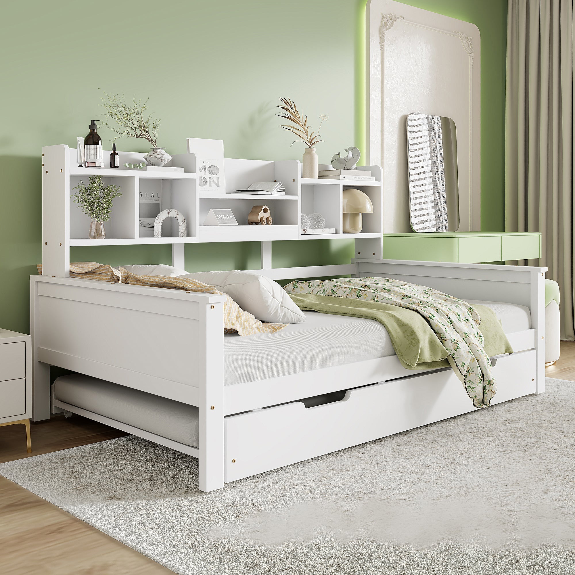 Extendable Sofa Bed 90x200CM Storage Pull-Out Bed, Pine Solid Wood White