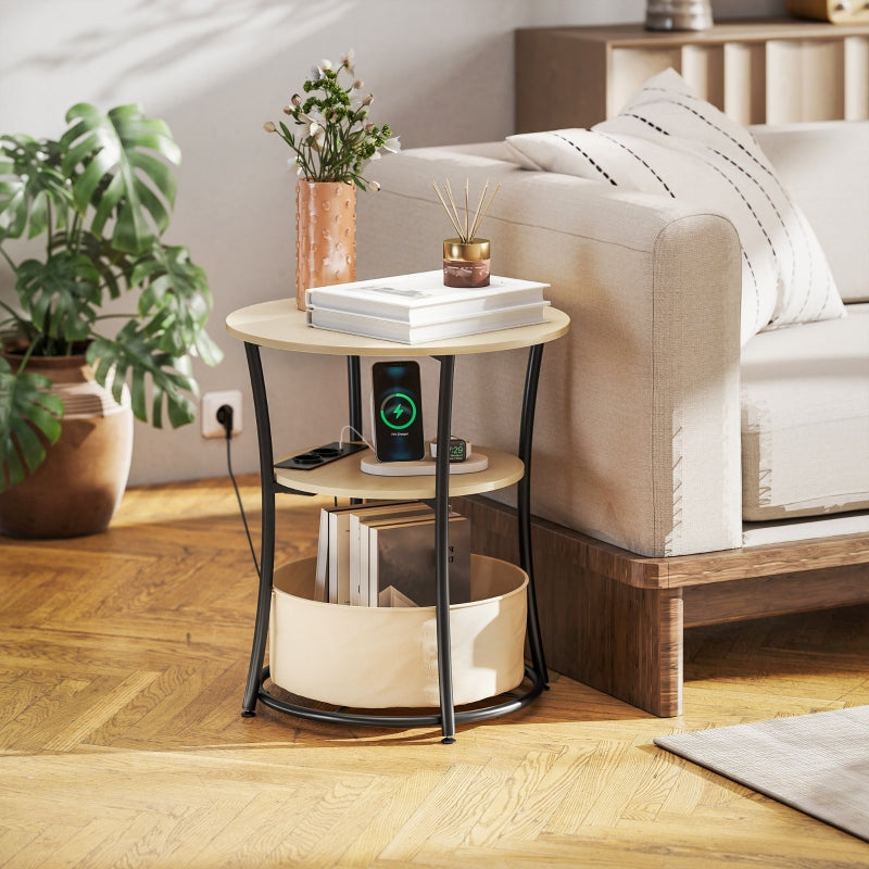 Side Table 3-Tier Charging Station Storage Bag Shelf - Natural Wood