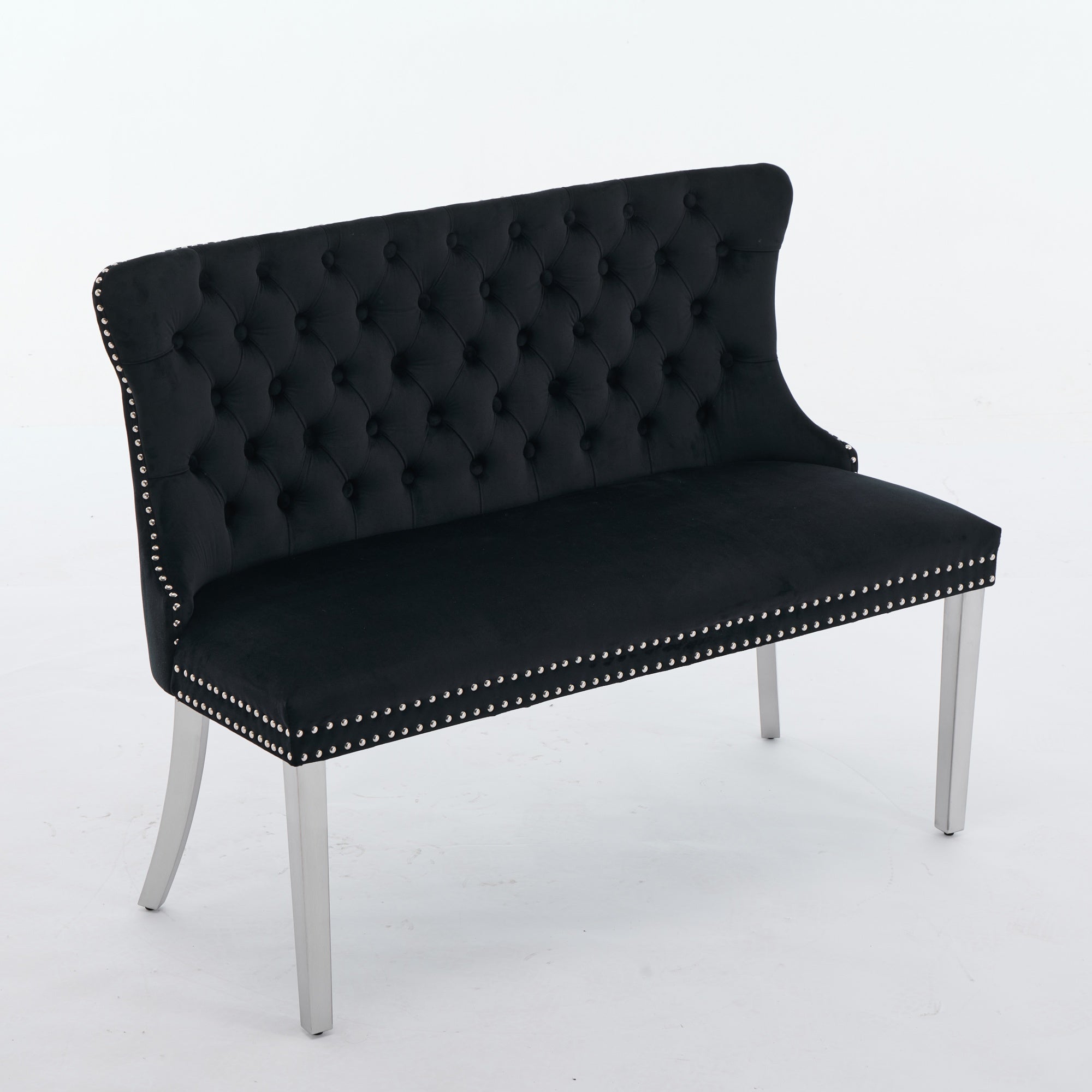 Velvet Double Dining Loveseat Bench, 2-Seat Tufted Wing Back with Brushed Silver Legs, Black Velvet