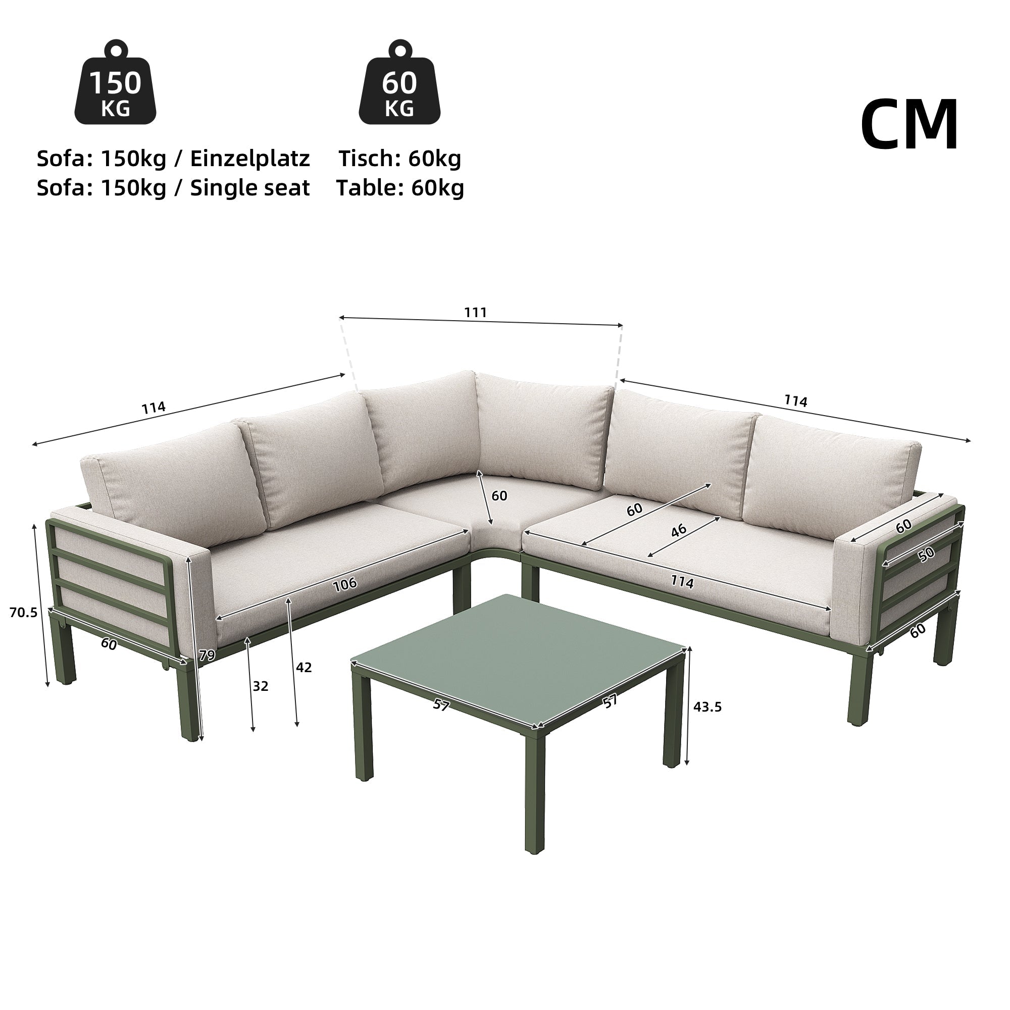 Garden Furniture Set 4-5 Seater with Tempered Glass Coffee Table Adjustable Legs - Green Iron/Beige Cushions