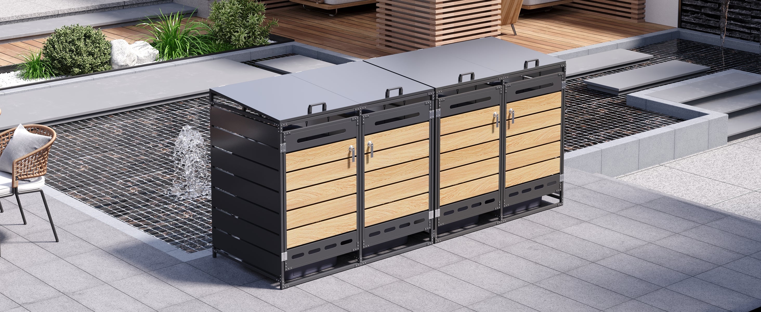 4-Bin Storage Unit with Hydraulic Lids and Slotted Ventilation, Iron and Wood-Look Cladding