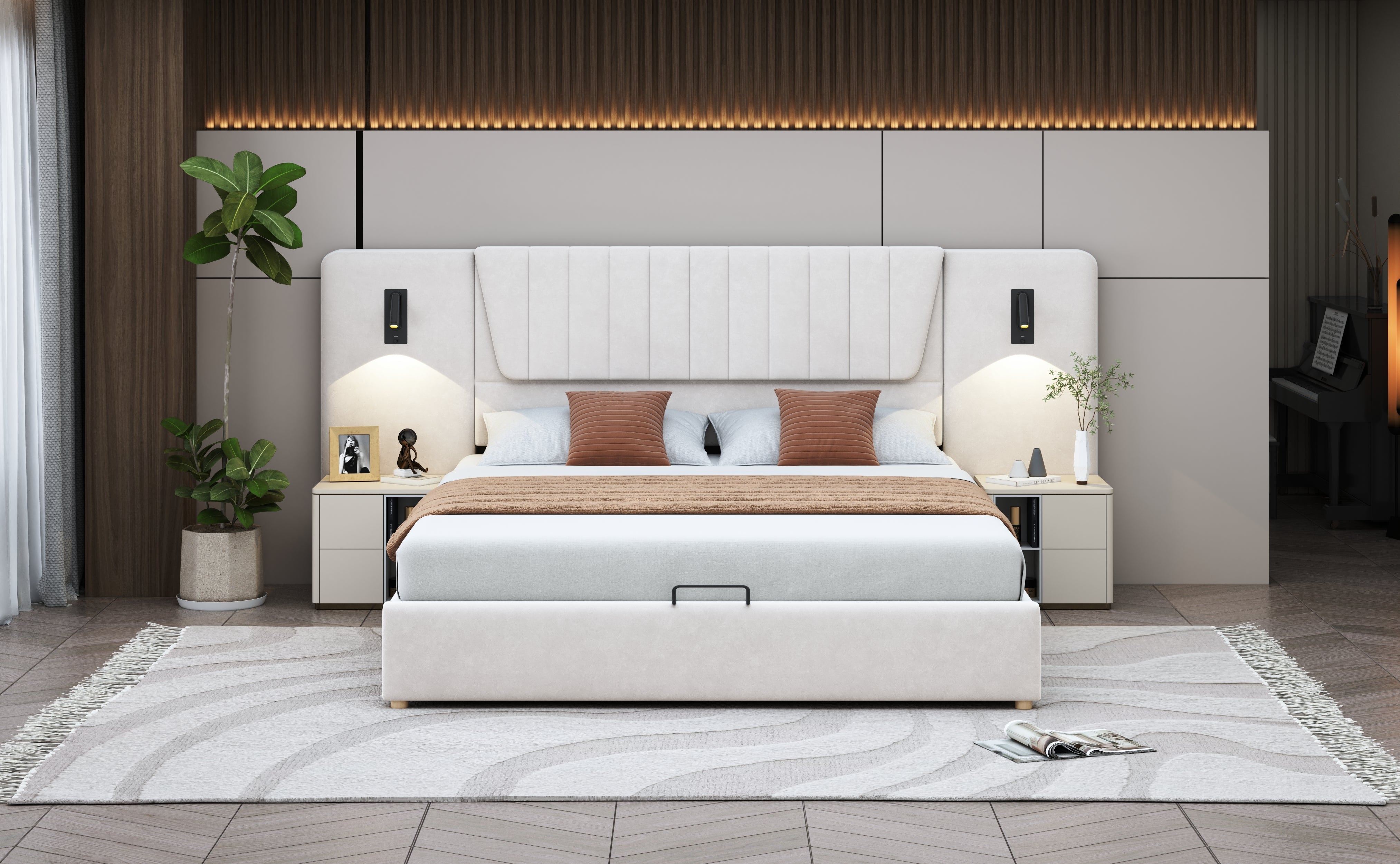 Upholstered Bed, 180*200cm, Extra-Long Backrest, Reading Lamp, USB Port, Hydraulic Storage, Beige Velvet