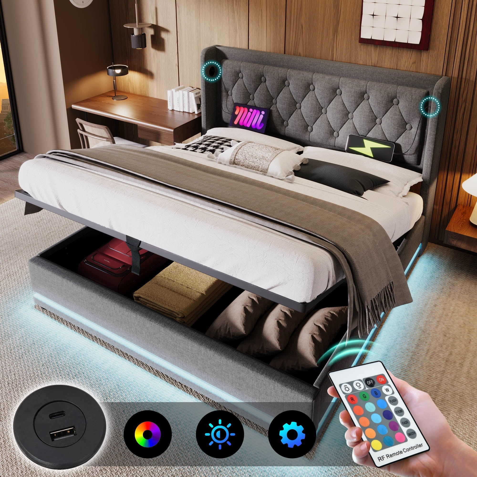 Upholstered Bed Double 140x200 cm, Hydraulic Storage, USB-C Charging, 3-Sided LED, Gray Cotton