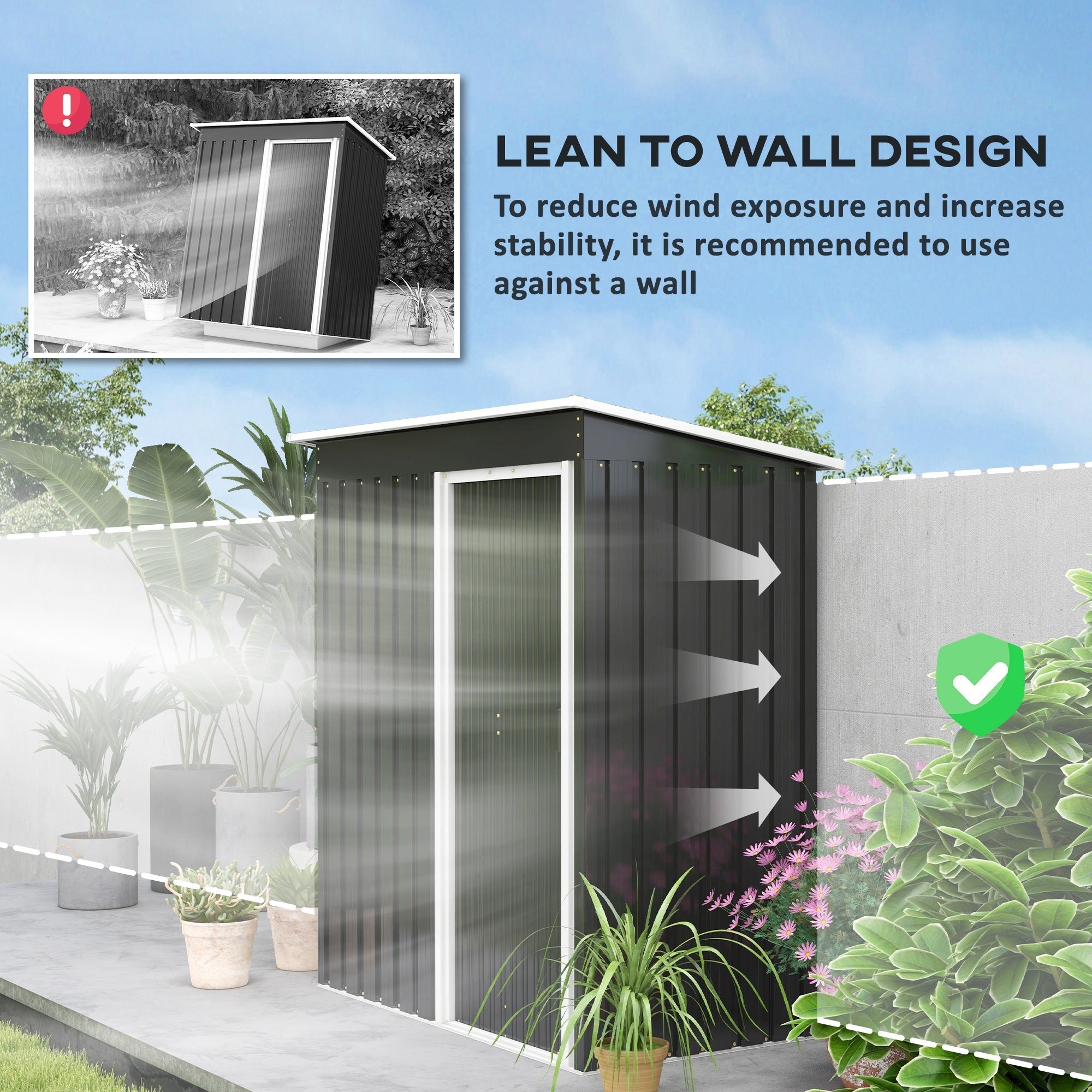 Garden Storage Shed with Sliding Door and Sloped Roof, 5 x 3ft, Black