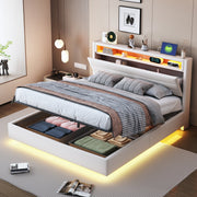 Upholstered Bed 140x200 cm with Hydraulic Storage, USB & LED Light, Reversible Headboard, Linen Beige