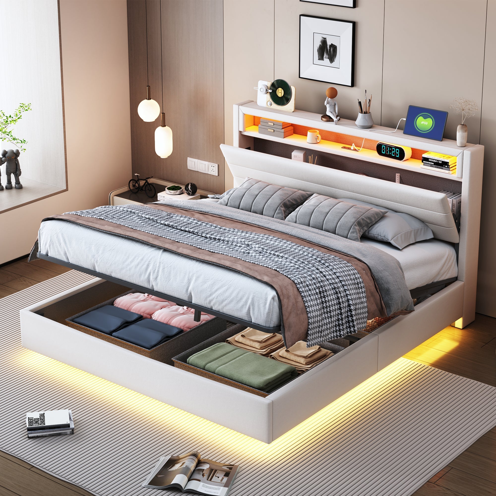 Upholstered Bed 140x200 cm with Hydraulic Storage, USB & LED Light, Reversible Headboard, Linen Beige