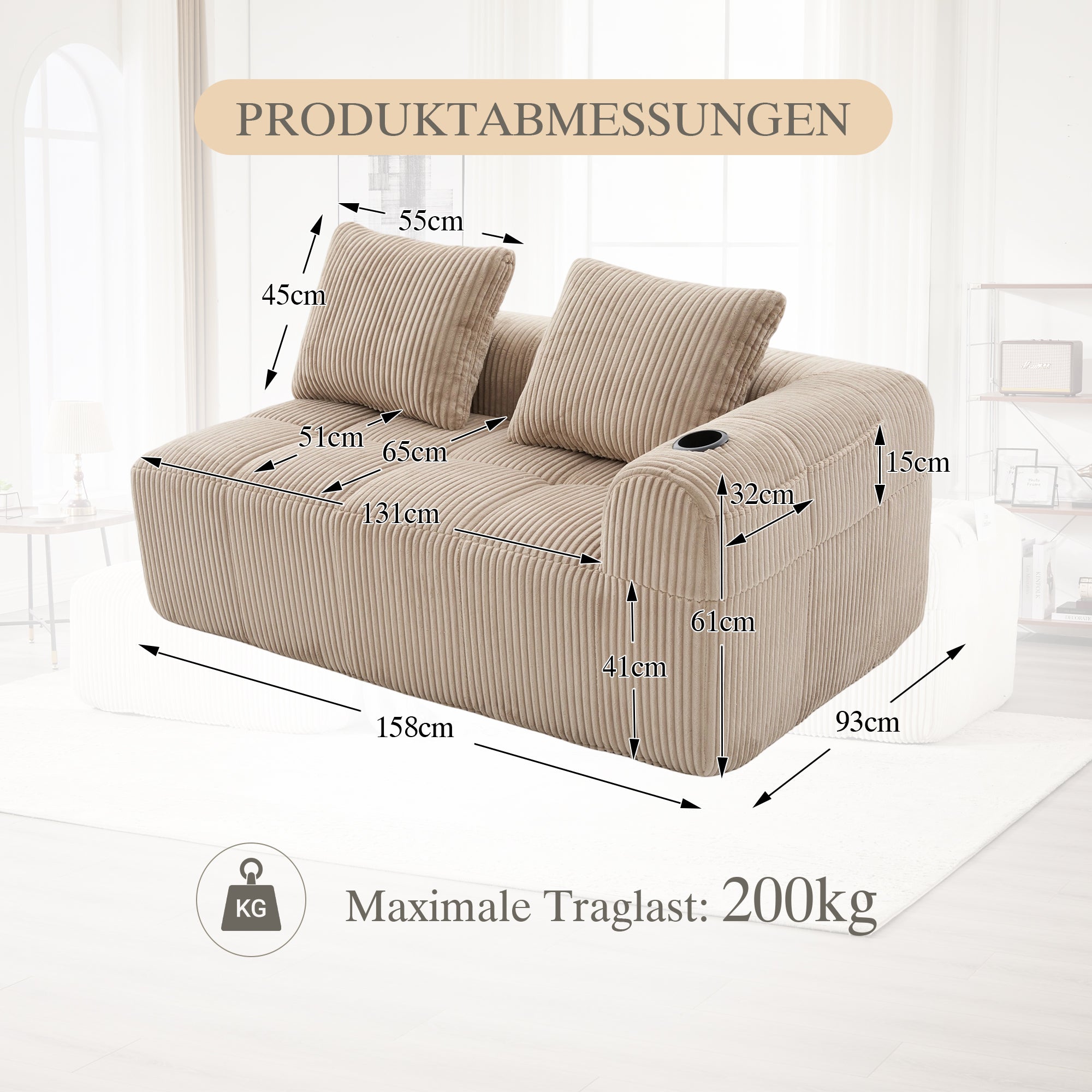Two-Seater Sofa - No Assembly Storage Pocket Drink Holder - Corduroy