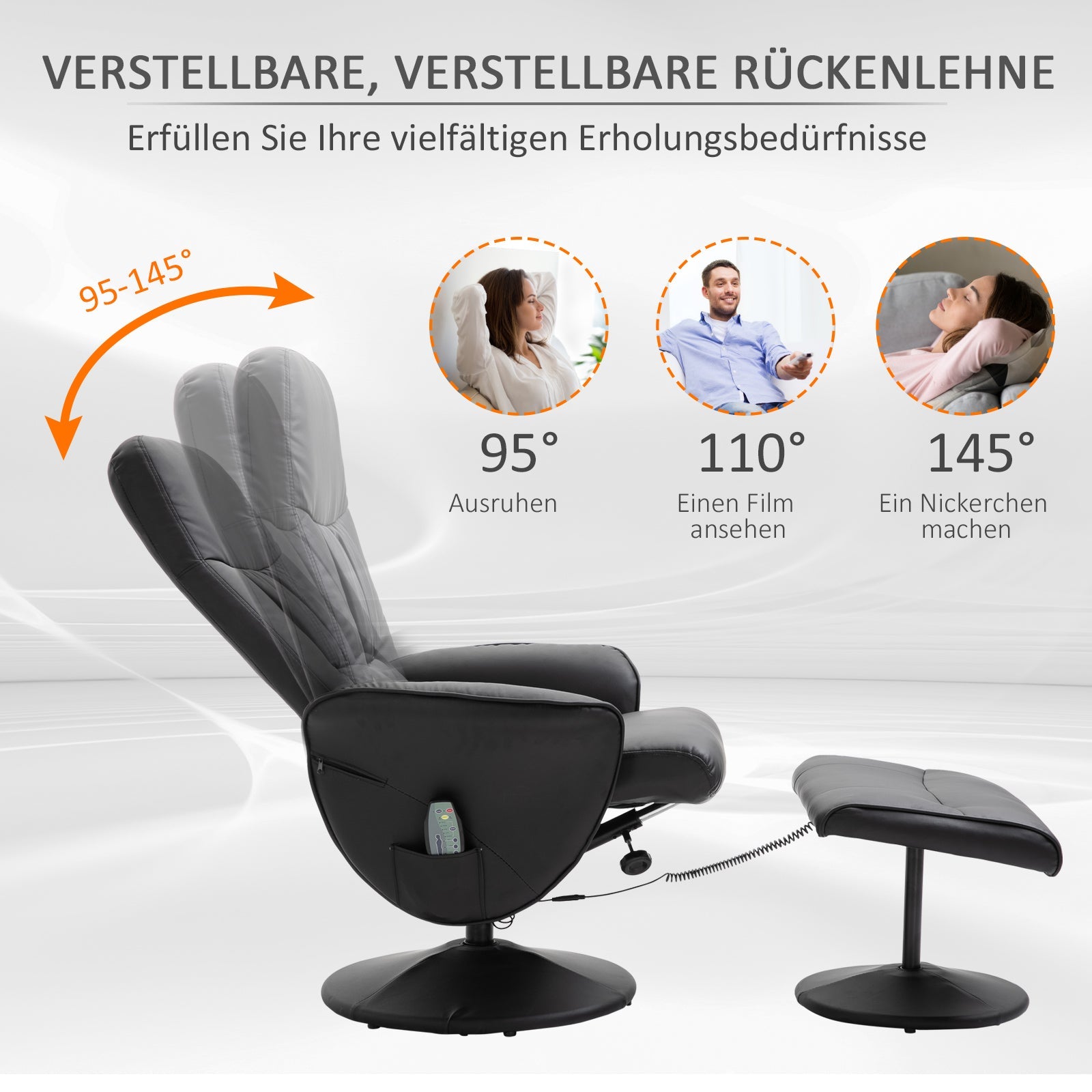 Reclining Massage Armchair TV Chair with Footstool, Storage, 10-Point Vibration, Faux Leather Black