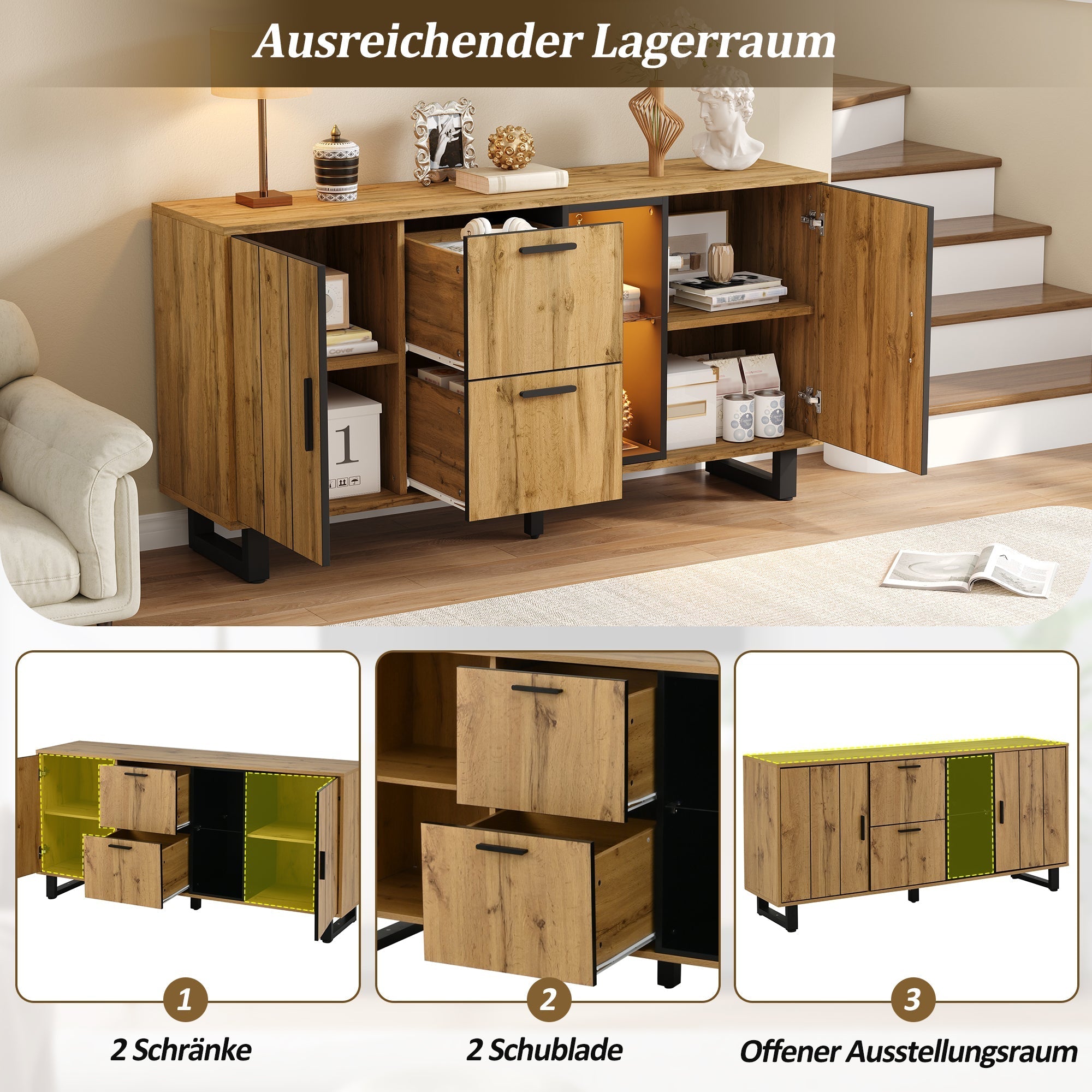 Sideboard 160cm Wide with 2 Drawers LED Light Strip Natural Wood/Black
