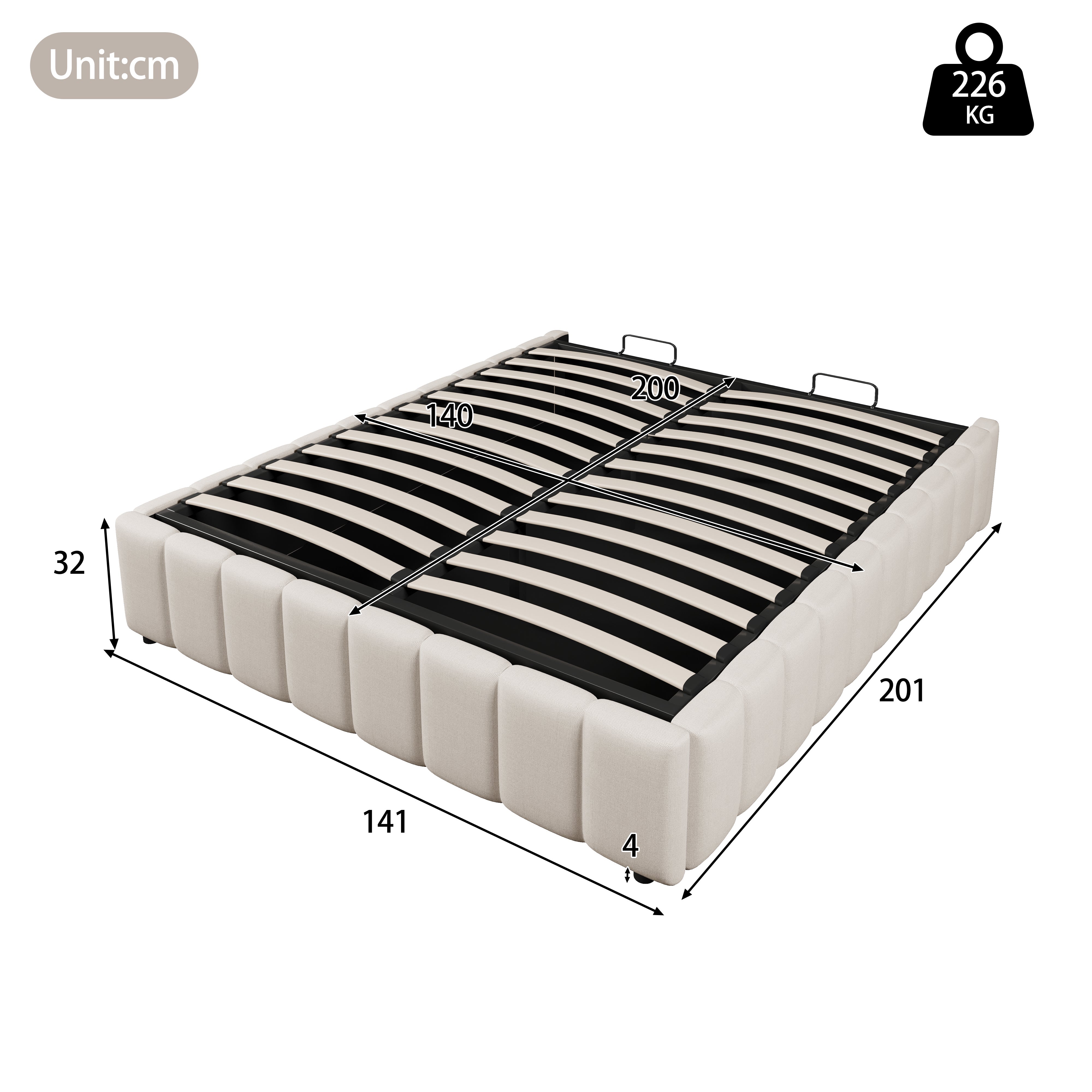 Upholstered Bed with Hydraulic Storage and No Headboard, 140x200cm, Beige