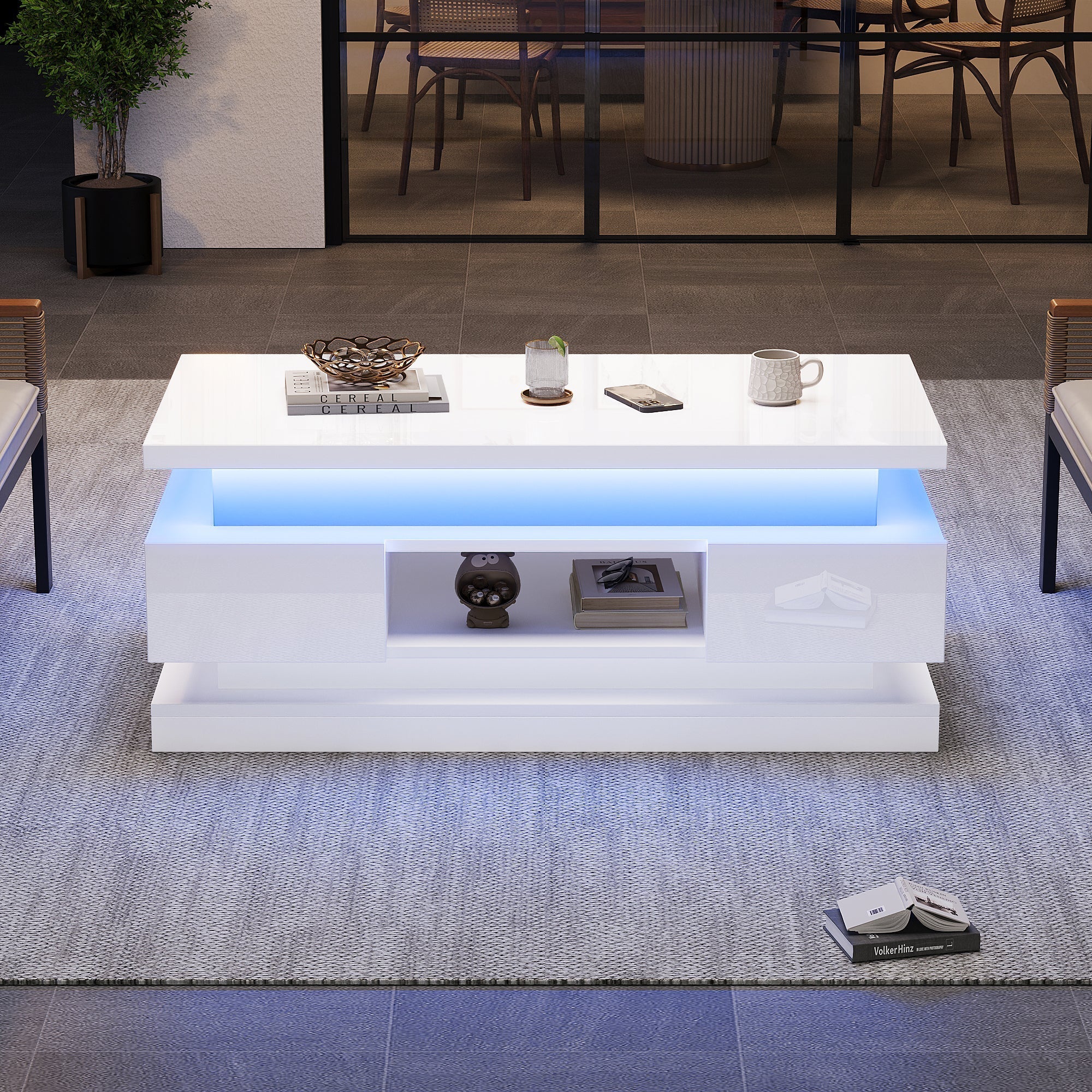 Liftable Coffee Table with 2 Drawers and LED Lighting, White Chipboard
