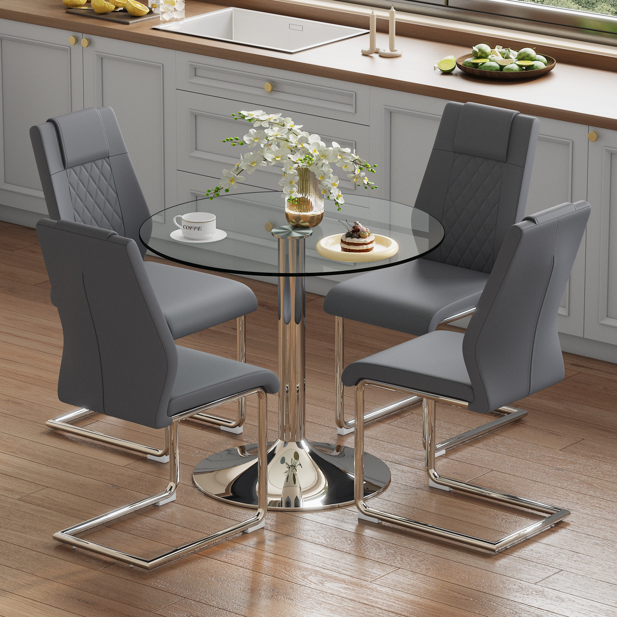 Dining Table Set Modern Minimalist 85cm Round Safety Glass with 4 Chairs Dark Grey PU and Silver Metal