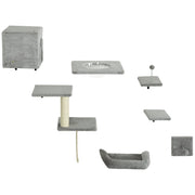 PwaHut Katzenkletterwand, 7-teiliges Set mit Katzenhaus, Plattform, Kratzbaum, Grau