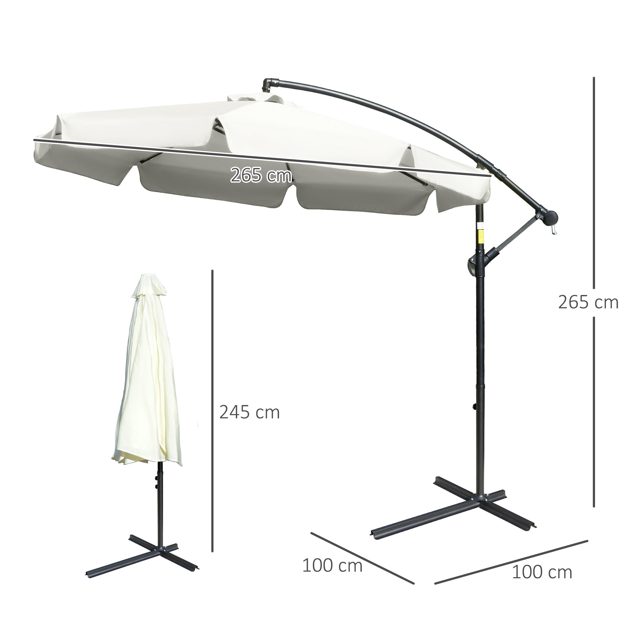 Banana Parasol Cantilever Umbrella 2.7m Crank Handle Cross Base, Cream White
