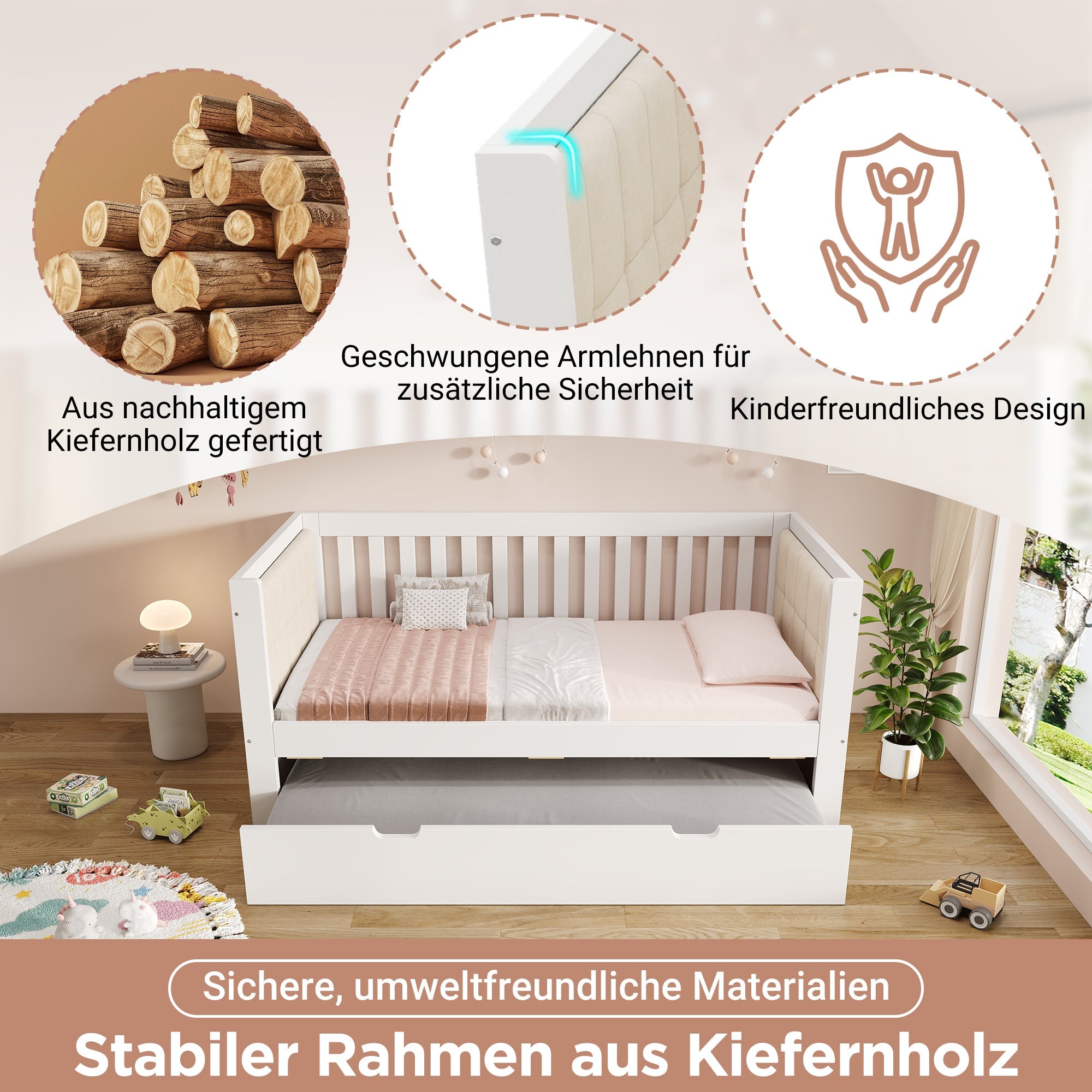 Daybed with Pull-out Bed, 90x200cm and 90x190cm, Space-Saving Wood, White