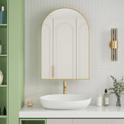 Stylish Arched Mirror Cabinet, Recessed Wall Storage Metal Framed, Gold
