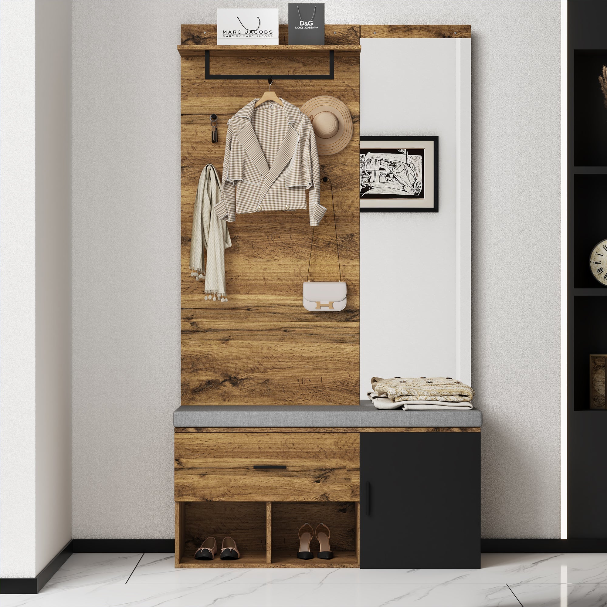 Wardrobe Set with Mirror, Shoe Bench, & Storage - 190 cm High, Wood Look