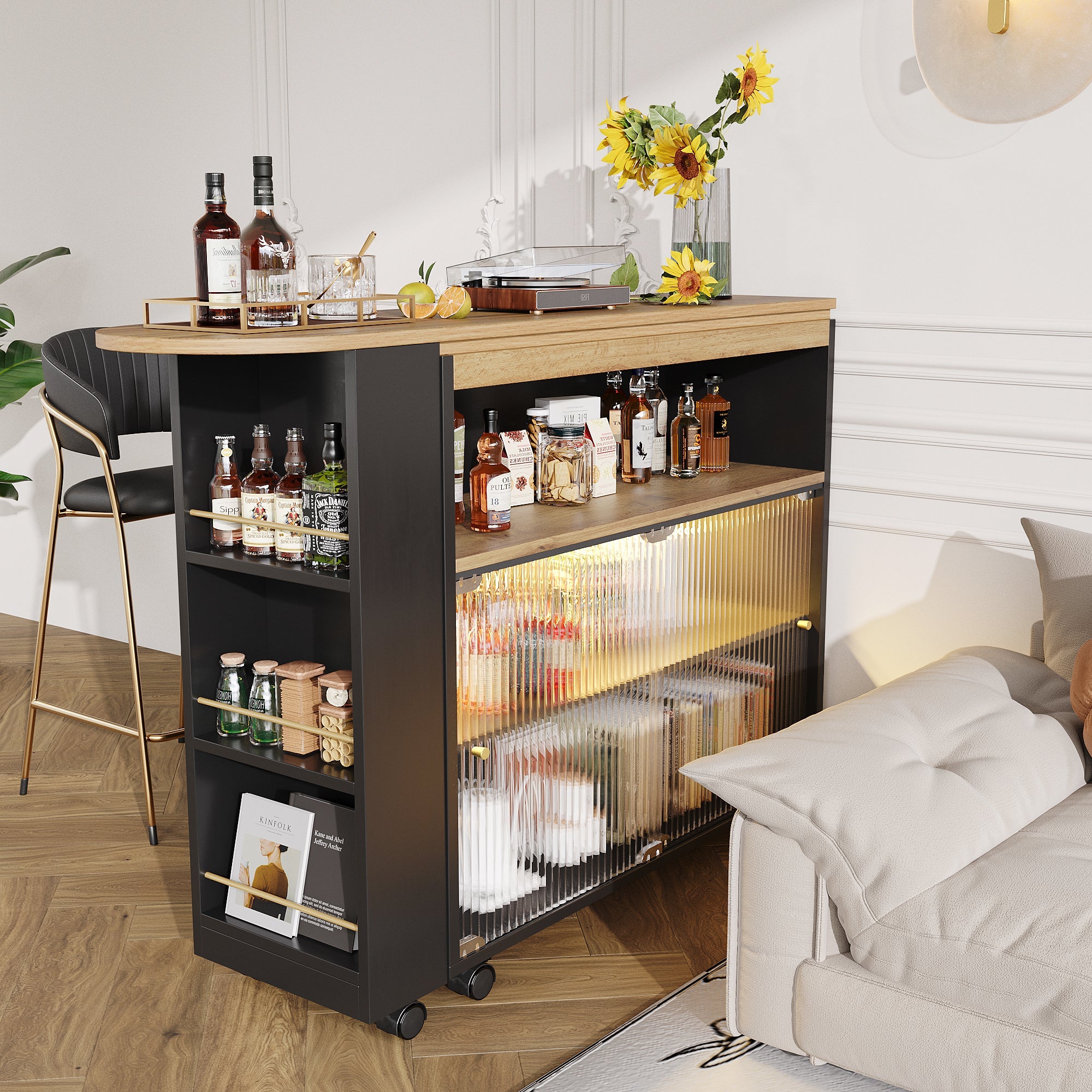 Extendable Bar Table Telescopic with LED Light Storage Cabinet Black