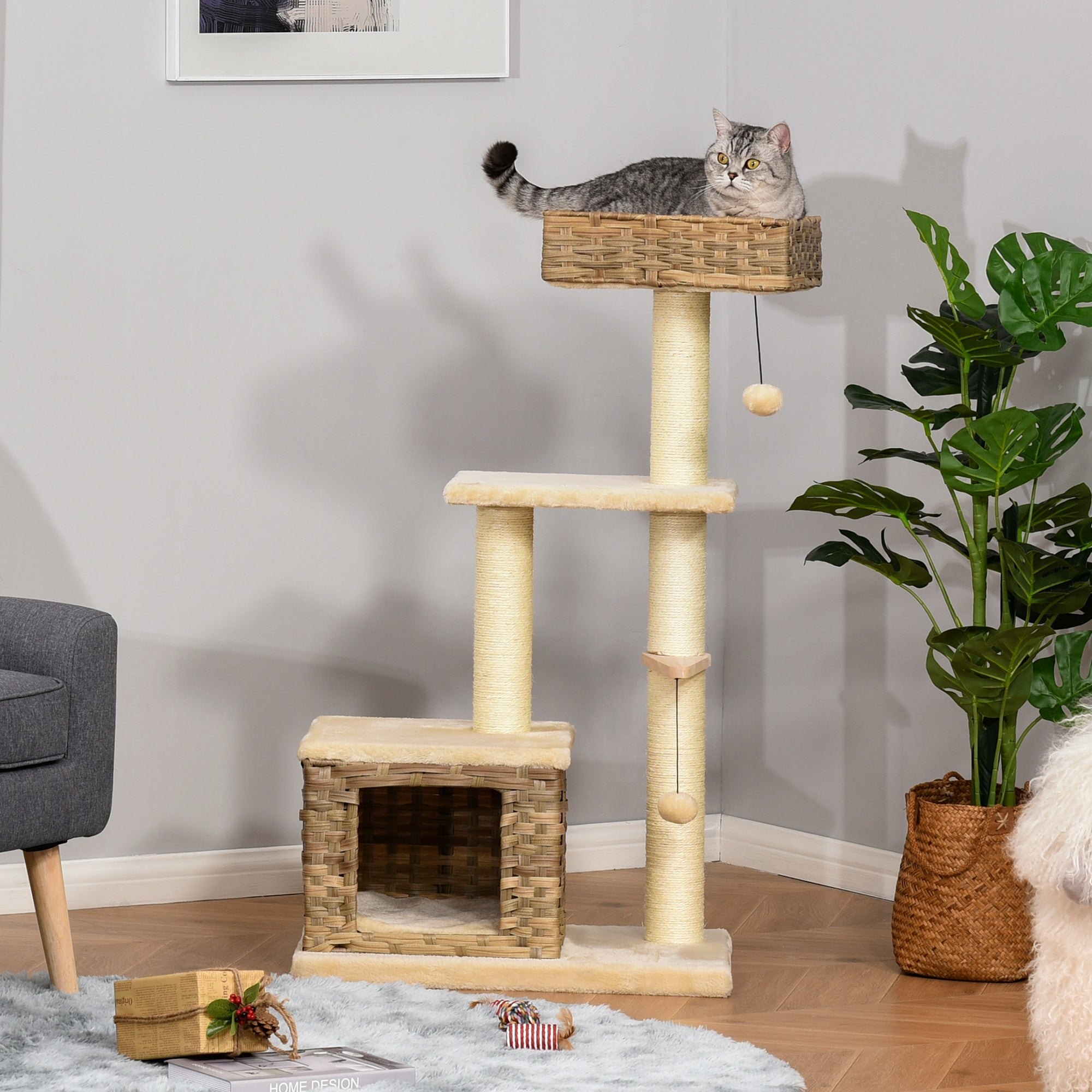 Rattan Cat Tree, 3 Levels, Cat Cave, Sisal & Plush, Brown and Beige