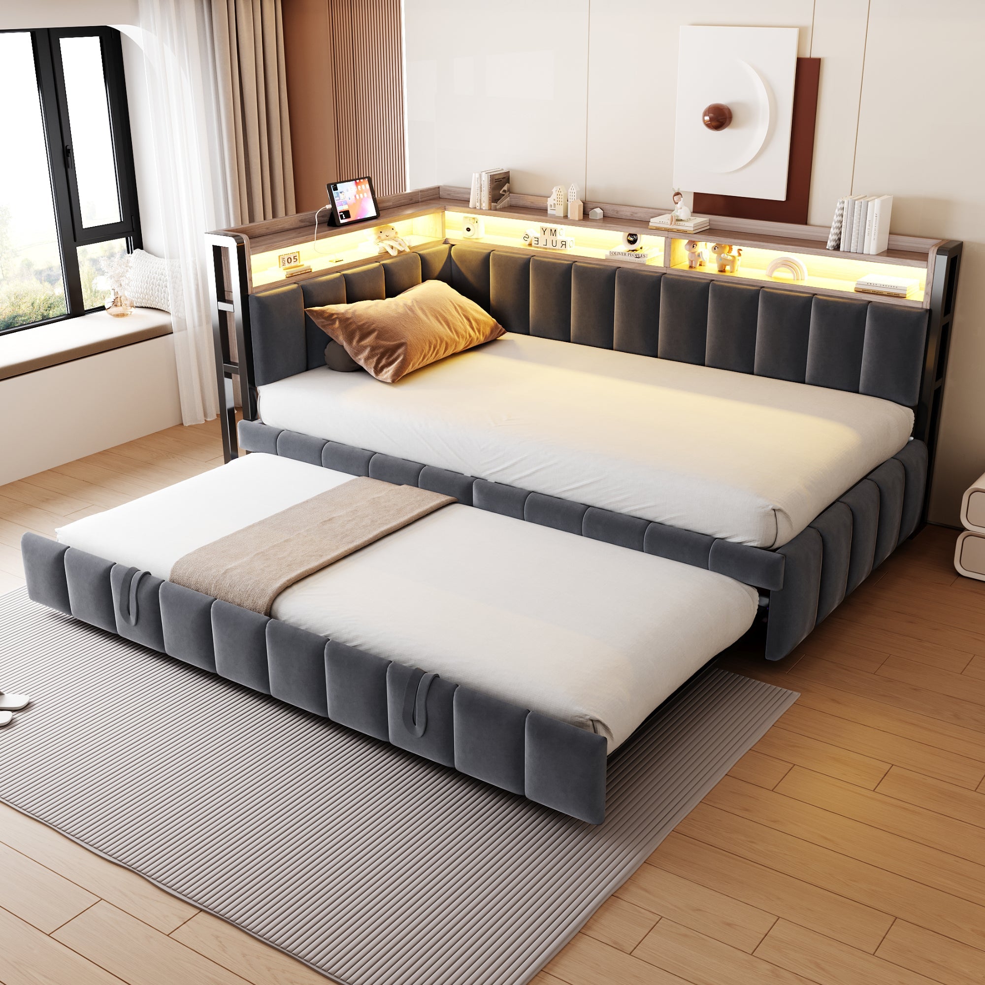 Upholstered Sofa Bed 90x200cm Pull-out LED Storage USB/Type-C, Dark Grey Velvet Fabric