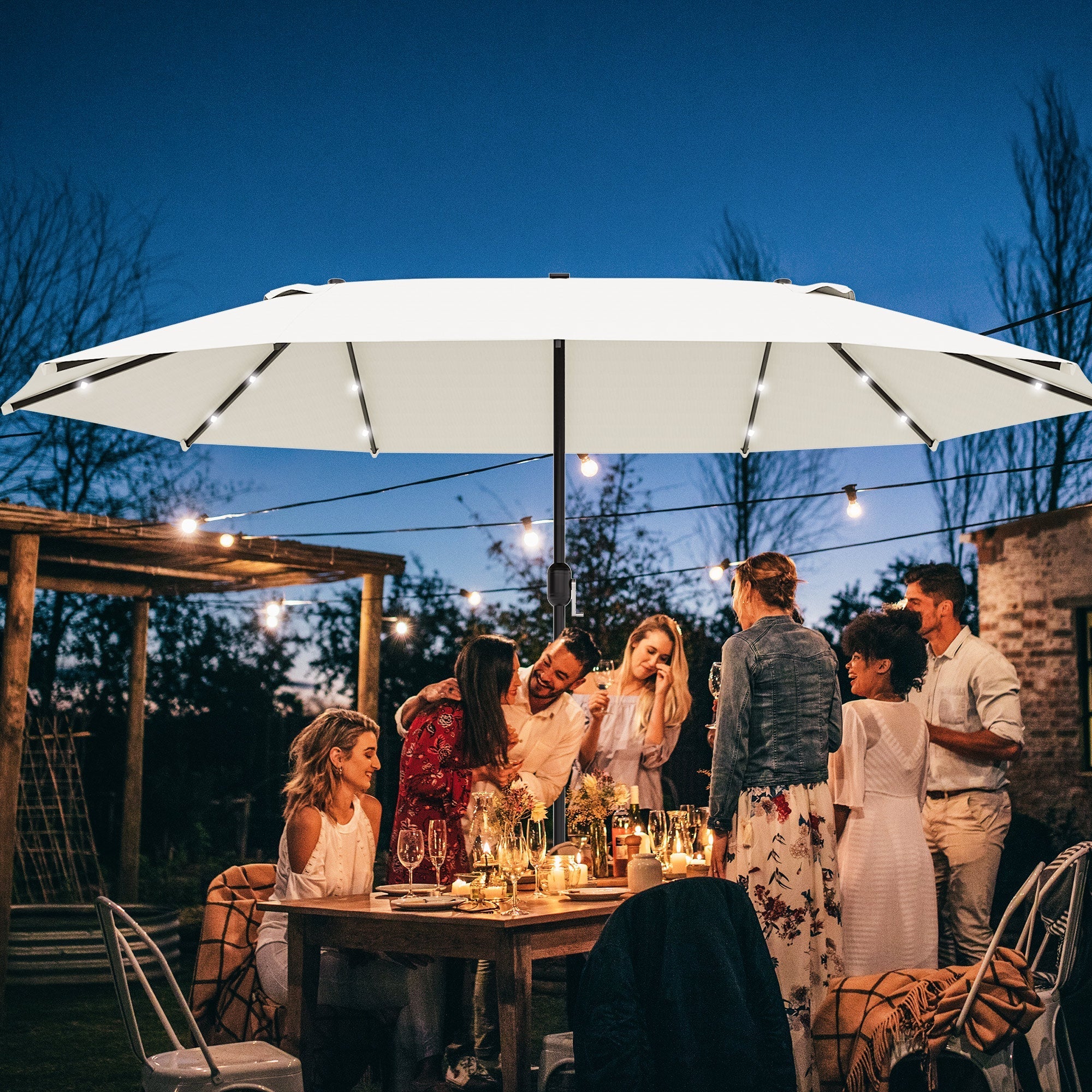 Double Parasol LED, 440 x 256 cm, Hand Crank, Cream White