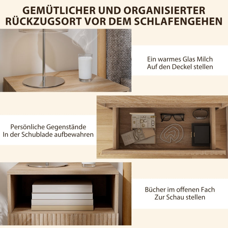 Nightstand Handleless Wall-Mounted Drawer & Open Compartment Light Brown