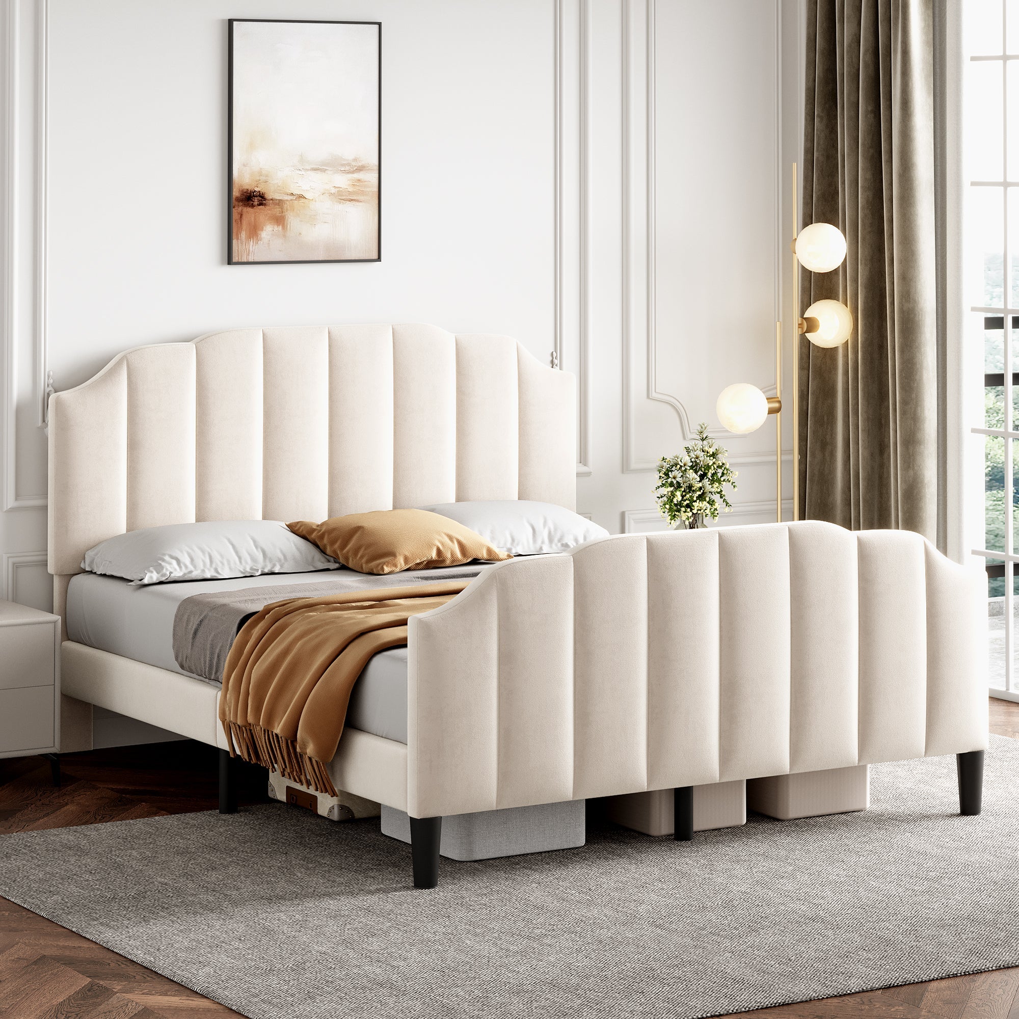4ft6 Double Upholstered Bed Frame with Adjustable Channel-Tufted Headboard and Solid Wood Slat, Velvet Beige