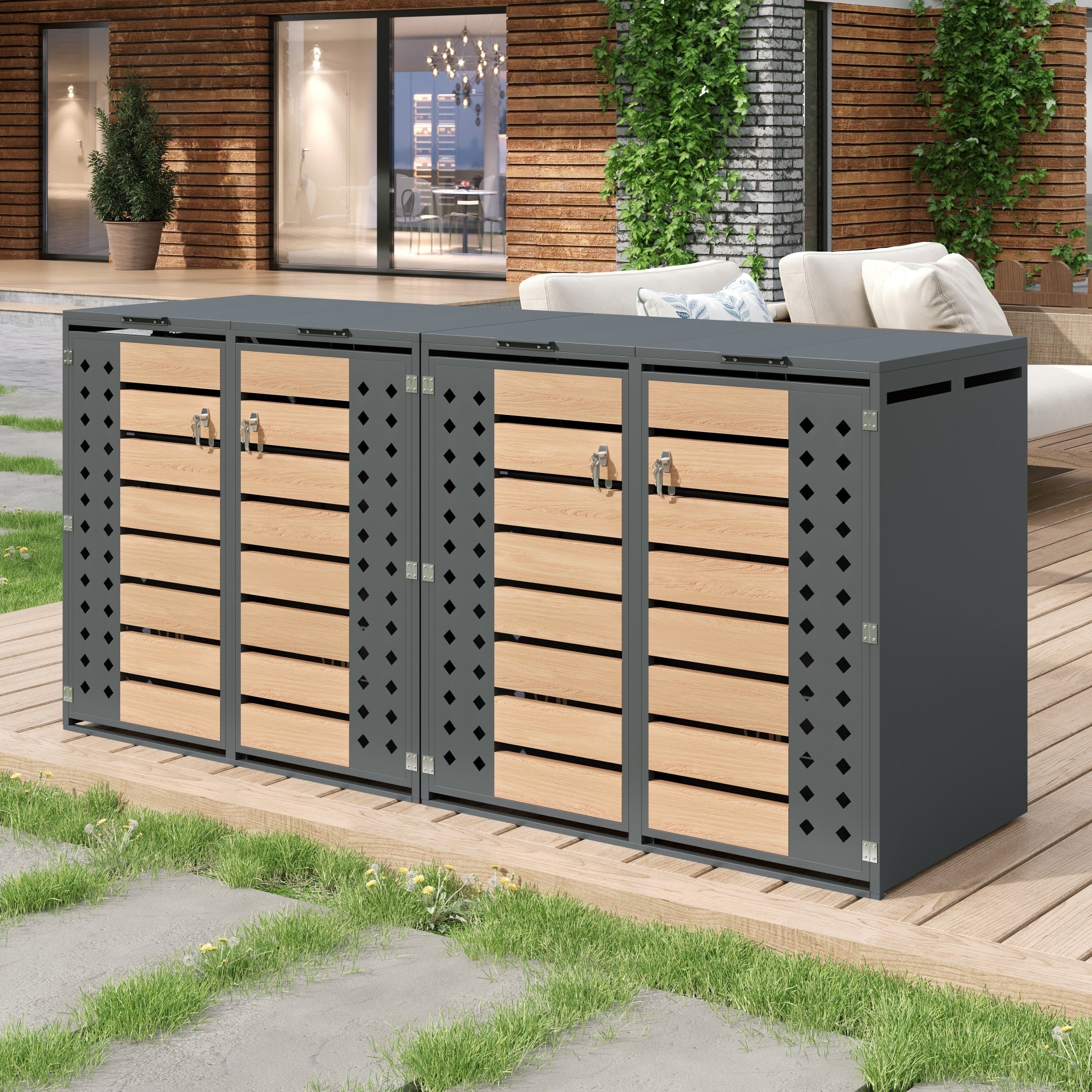 Garbage Can Storage Box with Hinged Lid, Lockable Four Doors, and Diamond-Shaped Hollow Panels, Metal